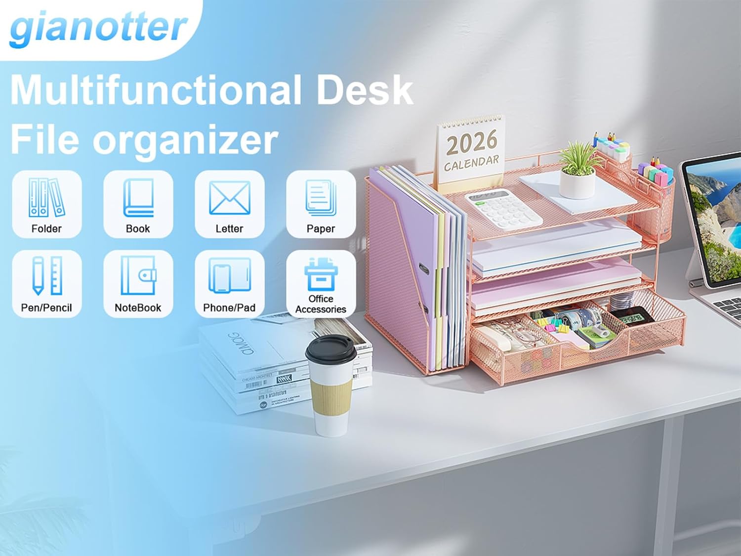 gianotter Desk Organizers and Accessories with File Holder, 4-Tier Desk Accessories & Workspace Organizers with Drawer and 2 Pen Holder, Paper Organizer for Office SupTLies (Rose Gold)