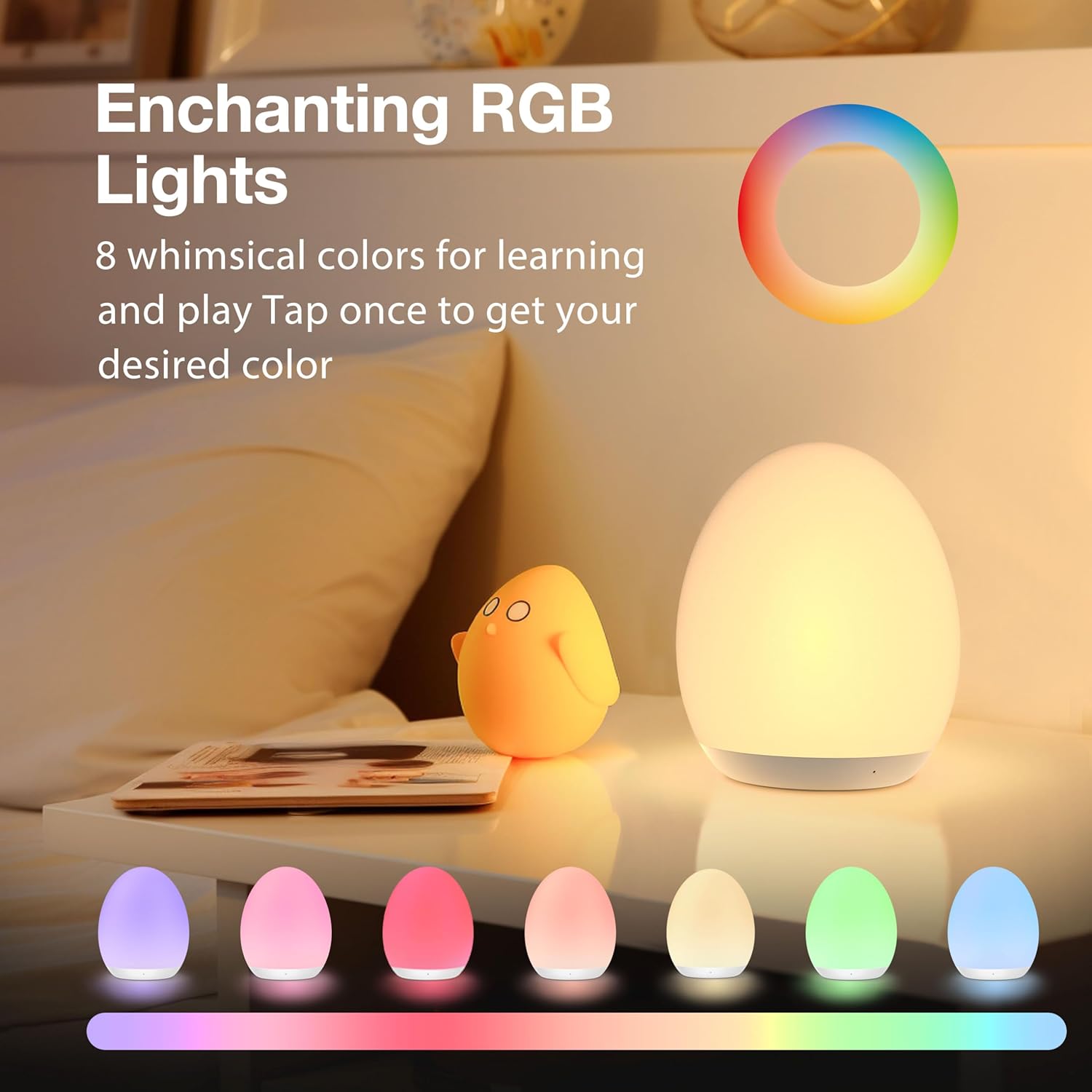 JolyWell Night Light for Kids, Baby Night Light with 7 Colors Changing Mode & SteTLess Dimming, Nursery Night Light BPA Free,Rechargeable Egg Night Light for Breastfeeding 1h Timer & Touch Control