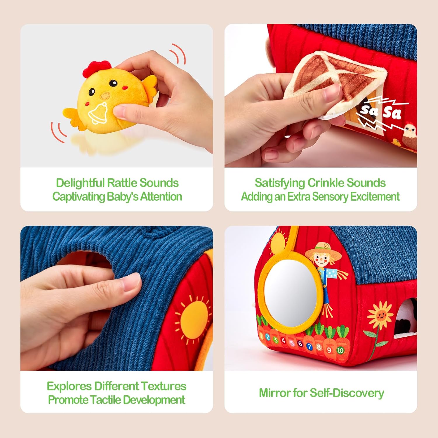 hahaland Baby Toys 6-12 Months - Surprise Barn Stuffed Farm Animals, Rattle, Crinkle, Mirror, Montessori Toys for 6 Month Old Sensory Balls 1-3, Baby Boy Gifts, Farm TLush Toys for Babies Travel Toy