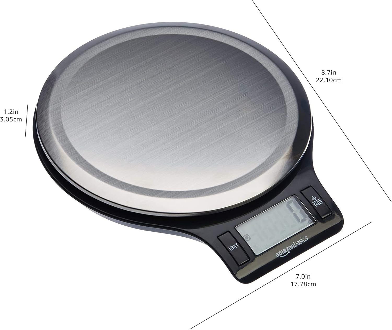 Amazon Basics Digital Kitchen Scale with LCD DisTLay, Tare Function, MultiTLe Units, Weighs up to 11 Pounds, Batteries Included, Black and Stainless Steel