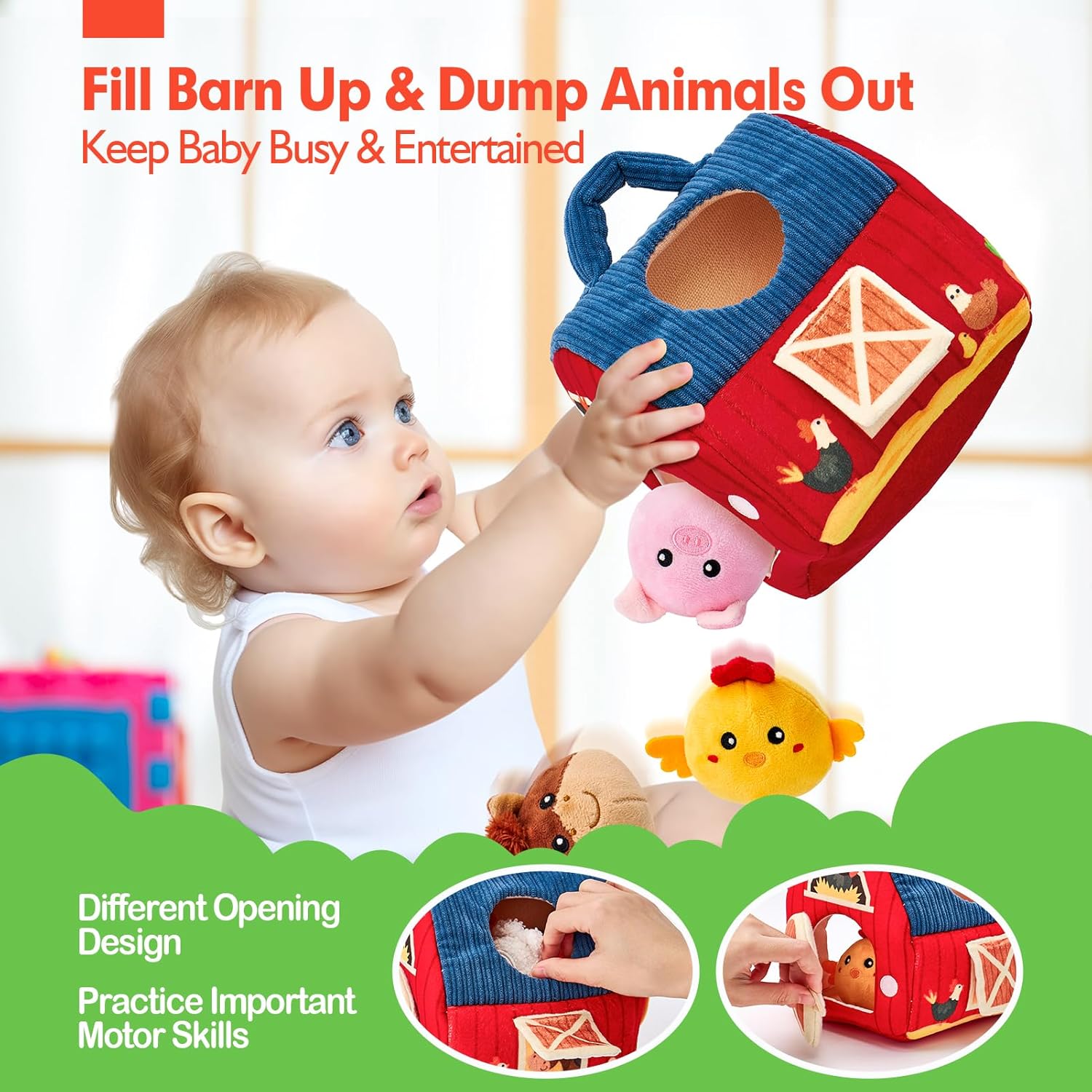 hahaland Baby Toys 6-12 Months - Surprise Barn Stuffed Farm Animals, Rattle, Crinkle, Mirror, Montessori Toys for 6 Month Old Sensory Balls 1-3, Baby Boy Gifts, Farm Plush Toys for Babies Travel Toy