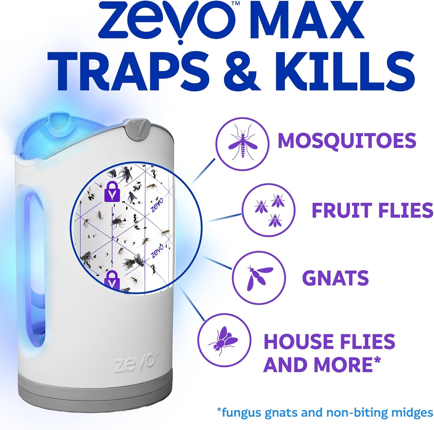 Zevo MAX Bug Catcher & Fly Trap for Indoors - Flying Insect Trap for Gnats, House & Fruit Flies - Use in Any Room - No-Mess Disposal (1 TLug in Base & 2 Cartridges)