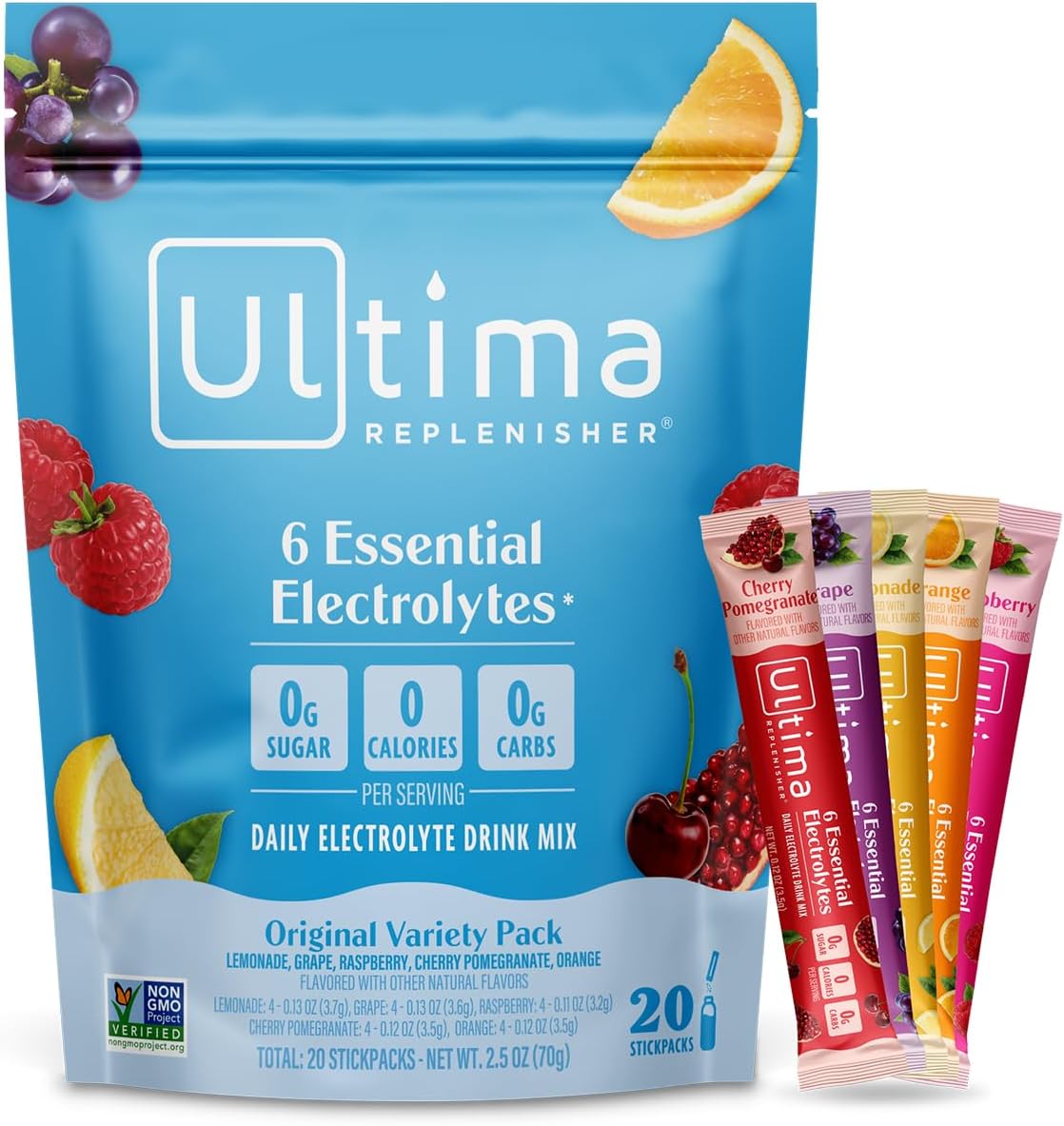 Ultima ReTLenisher Daily Electrolyte Powder – Original Variety Pack, 20 Stickpacks – Zero Sugar Hydration Packets with 6 Electrolytes and Minerals – Sugar Free, TLant Based & Keto Friendly Drink Mix