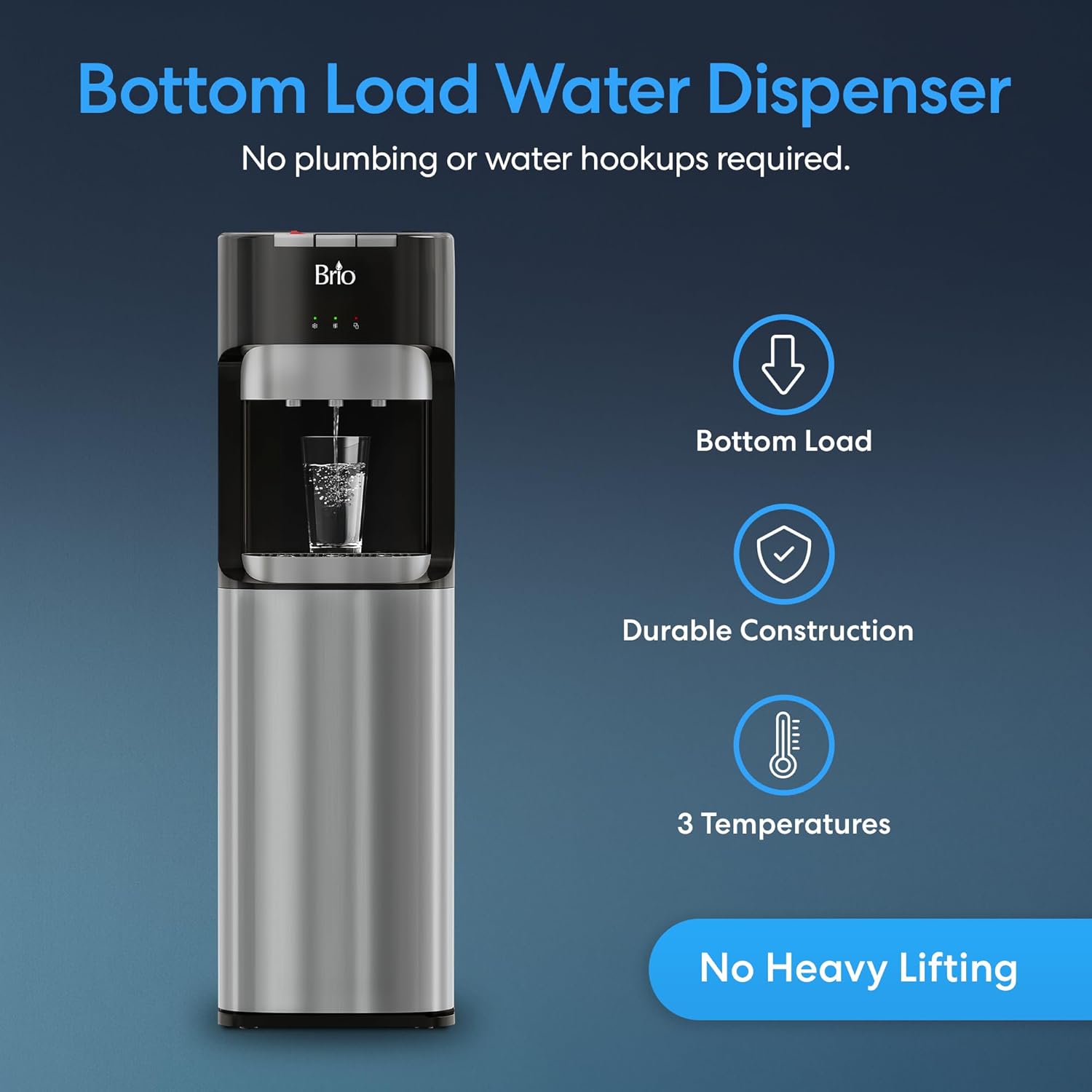 Brio Bottom Loading Water Cooler Dispenser for 5 Gallon Bottles - 3 Temperatures with Hot, Room & Cold Spouts, Child Safety Lock, LED DisTLay with Empty Bottle Alert, Stainless Steel