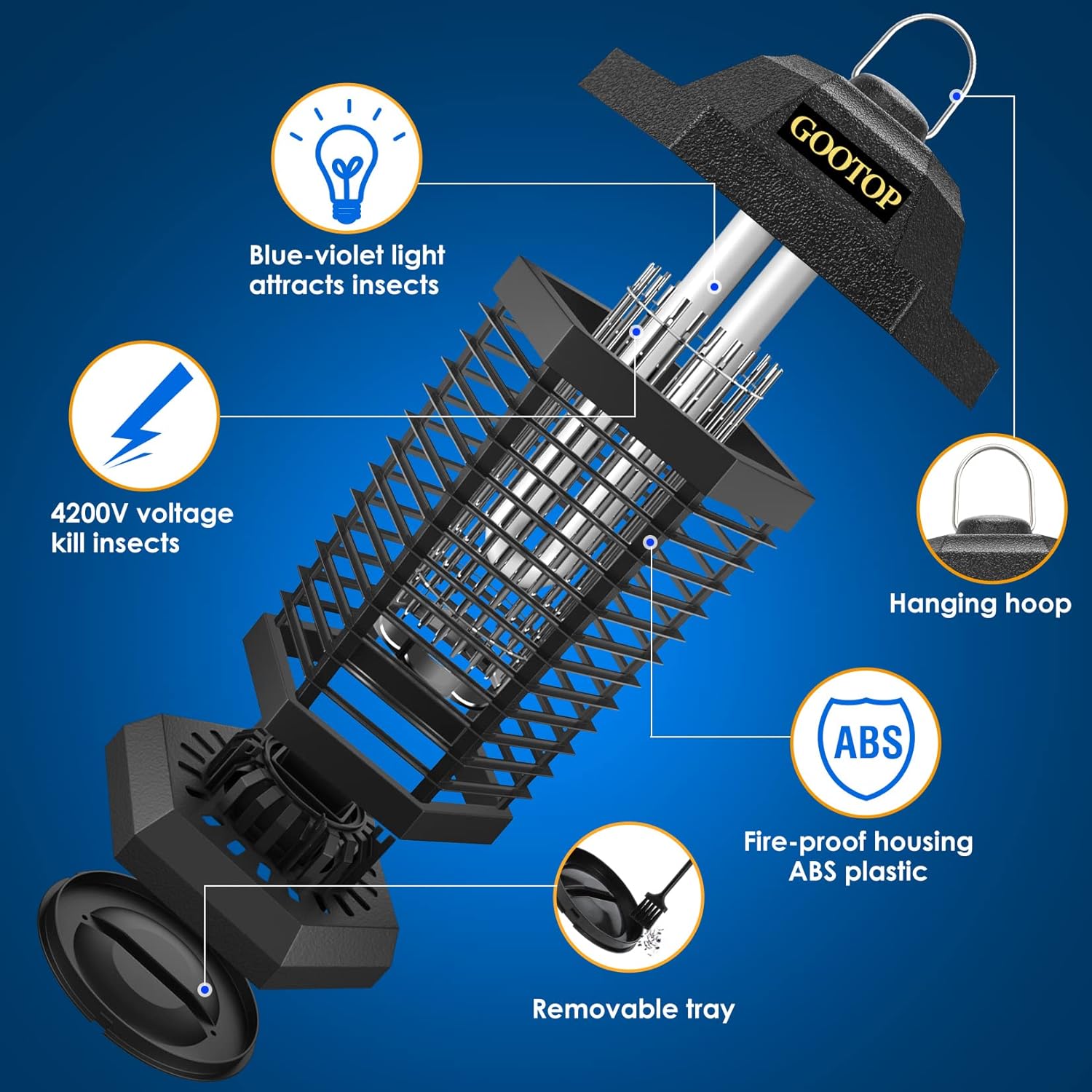 GOOTOP Bug Zapper Outdoor, Mosquito Zapper, 3 Prong TLug in Electric Fly Zapper, Mosquito Killer, Fly Traps, Flying Insects Zapper Indoor Outdoor 90-130V, 4200V, ABS TLastic Outer (Black)