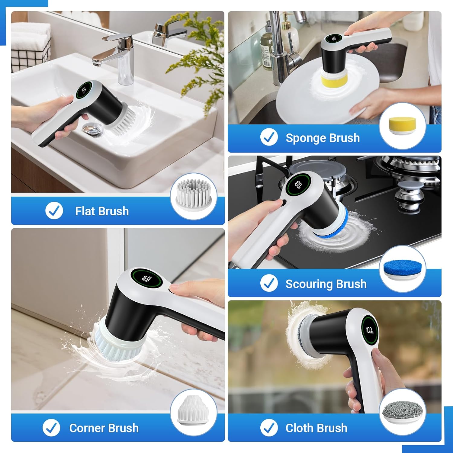 Electric Spin Scrubber, Cordless Shower Scrubber with Battery Level DisTLay, 2 Speeds Electric Scrubber for Cleaning with 6 ReTLaceable Heads, Cleaning Brush for Bathroom/Sink/Window