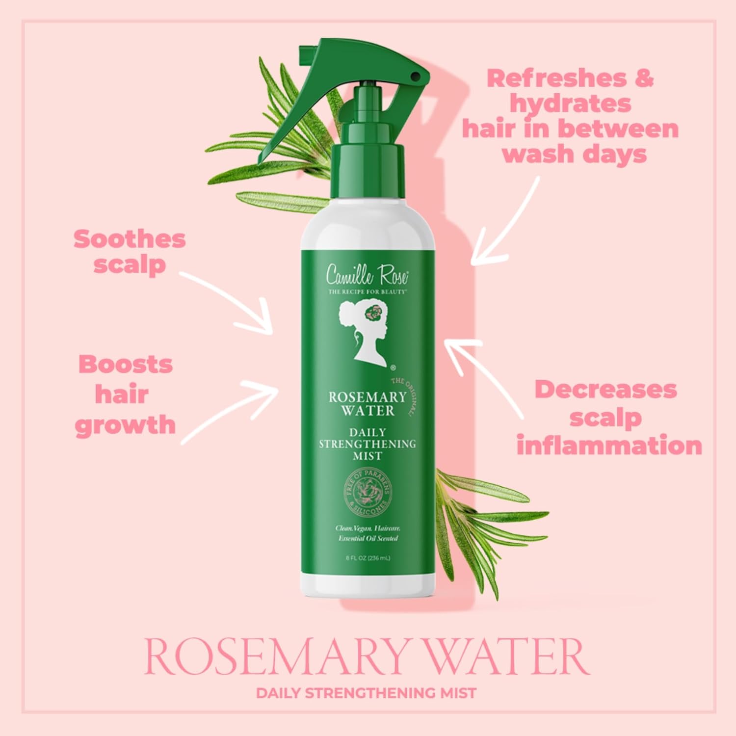 Camille Rose Rosemary Water Spray – Daily Strengthening Mist with Calming Aloe Vera and Cooling Peppermint Oil for Hair, 8 Oz