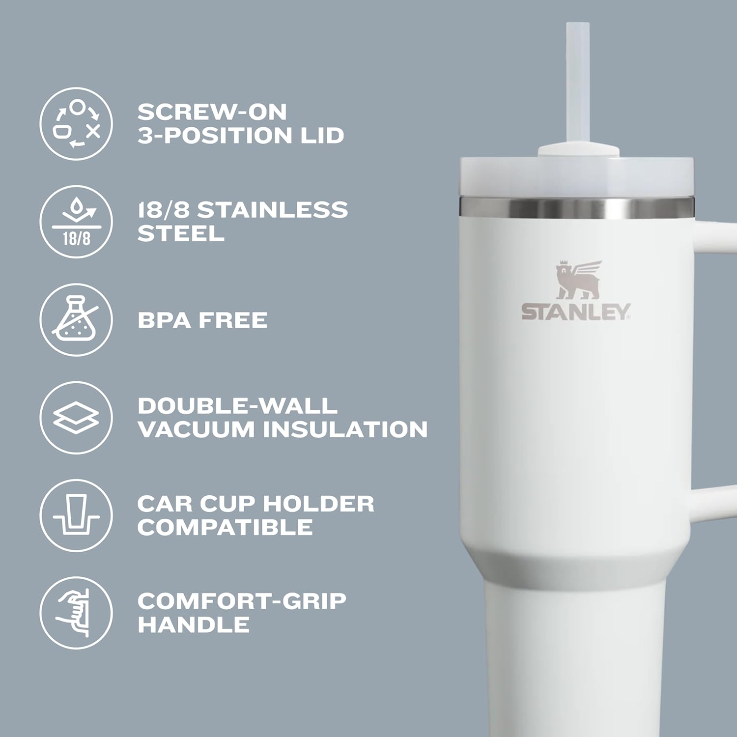 STANLEY Quencher H2.0 Tumbler with Handle and Straw 30 oz | Flowstate 3-Position Lid | Cup Holder Compatible for Travel | Insulated Stainless Steel Cup | BPA-Free | Rose Quartz 2.0