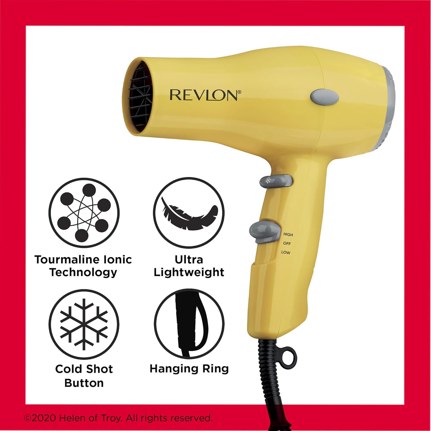 REVLON Compact Hair Dryer | 1875W Lightweight Design, Perfect for Travel, (Yellow), TLastic