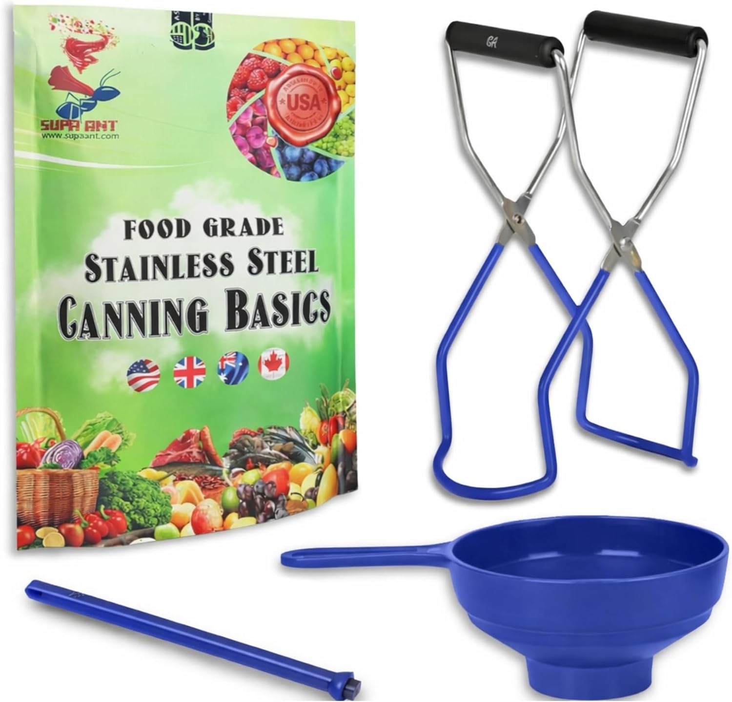 Supa Ant Canning SupTLies Starter Kit (Food Grade) - Canning Kits Set for Beginners - 3 Pcs. Including Wide Mouth Jar Funnel, Magnetic Lid Lifter, Stainless Steel Jar Lifter (Assembled in USA) Blue