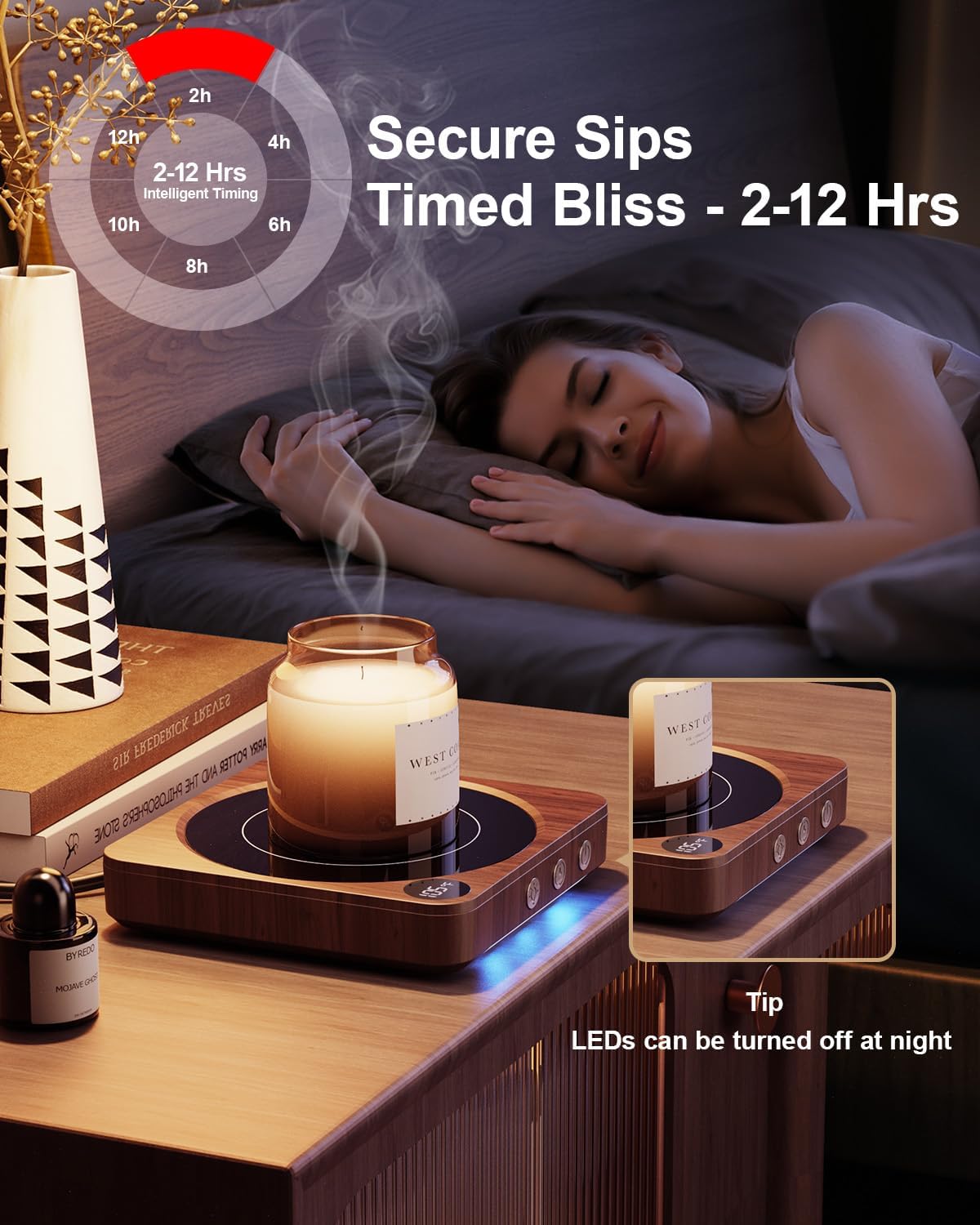 Mug Warmer - 36W Coffee Mug Warmer for Desk with Temperature DisTLay, 2-12Hrs Auto Shut Off, Smart Candle Warmer - Ideal Coffee Gifts Accessories Keep Beverages Coffee Warmer (Wood) (Wood)