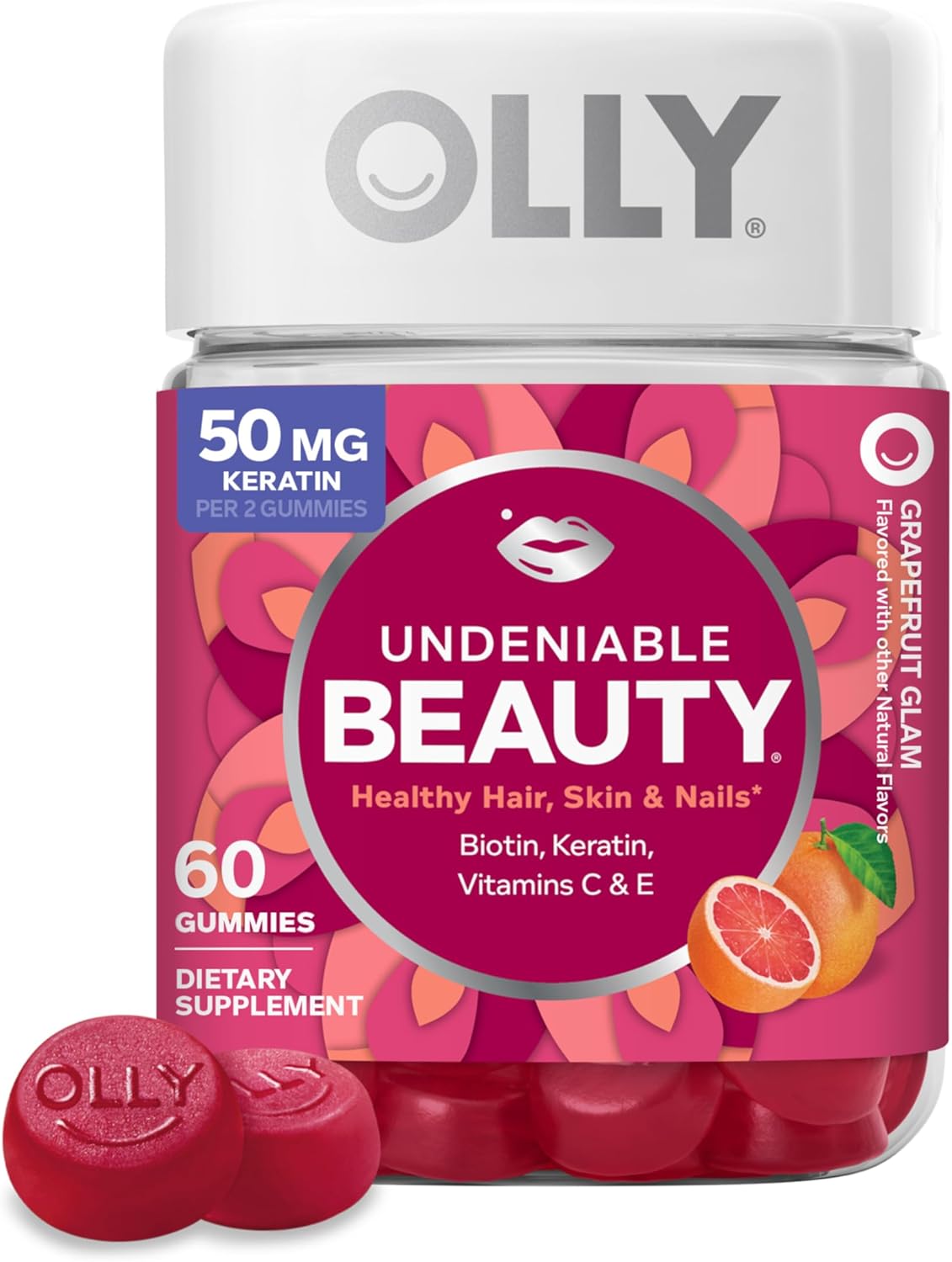 OLLY Undeniable Beauty Gummy, For Hair, Skin, Nails, Biotin, Vitamin C, Keratin, Chewable SupTLement, Grapefruit, 30 Day SupTLy - 60 Count