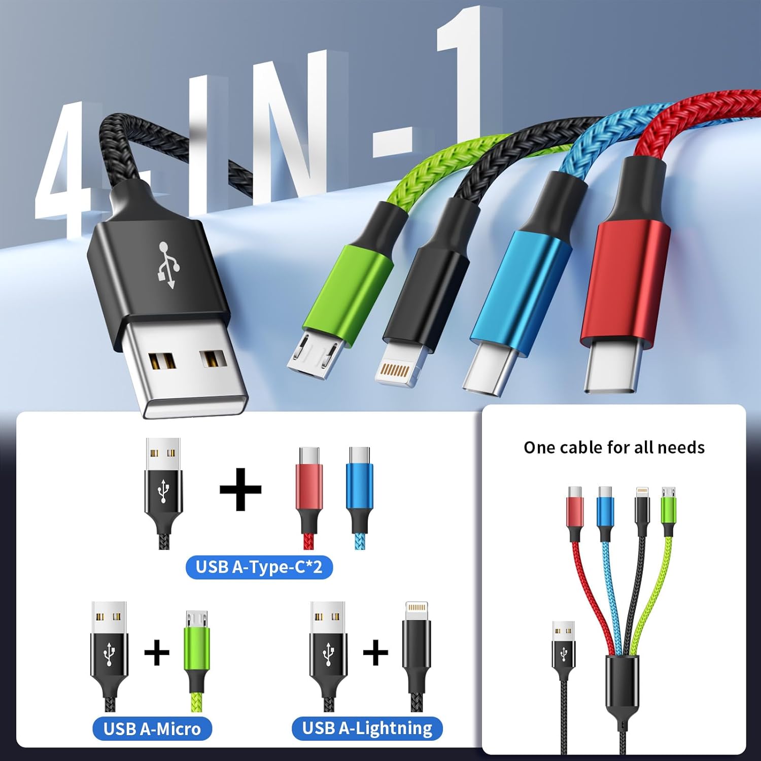 4 in 1 Multi Charging Cable [2Pack 5FT], Nylon Braided 4 in 1 Charger Cord, Universal Charger with IP/Type C/Type C/Micro Port, Compatible with Most Cell Phones/Tablets and More