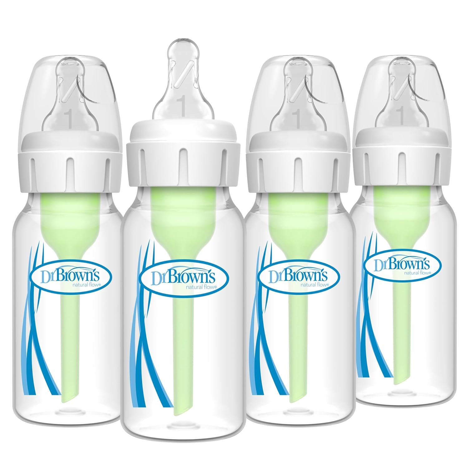 Dr. Brown's Natural Flow Anti-Colic Options+ Narrow Baby Bottle, 4 oz/120 mL, with Level 1 Slow Flow NipTLe, 0m+, 4 Pack