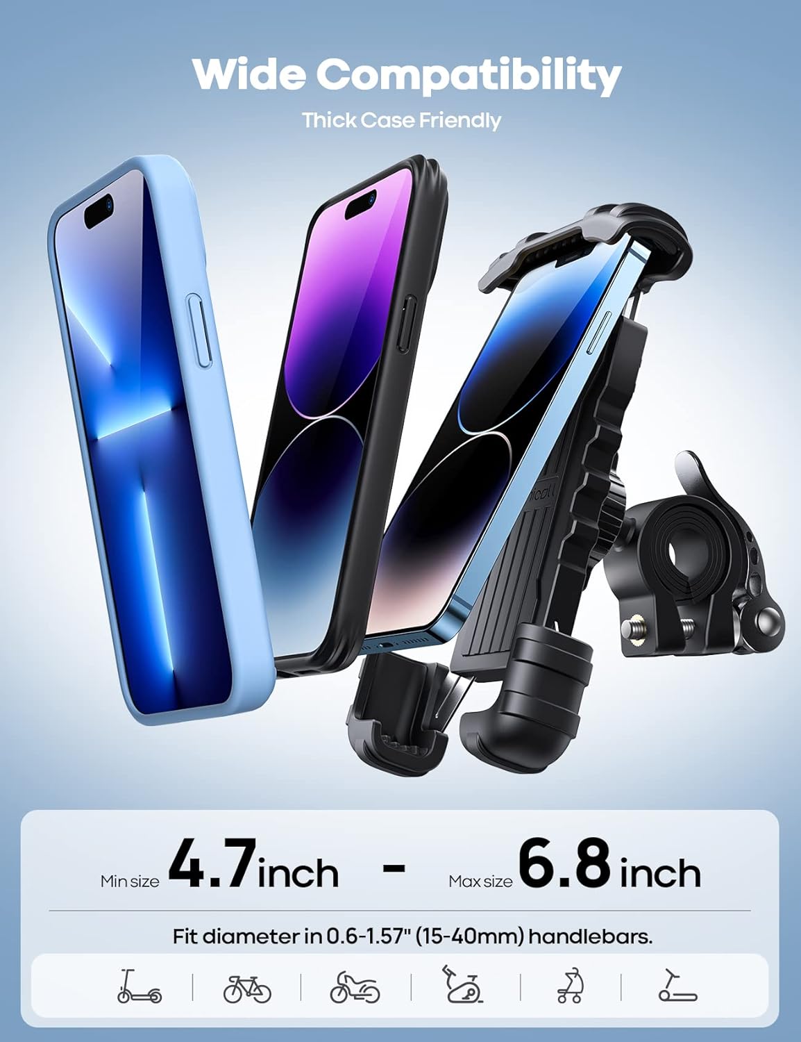 Lamicall Bike Phone Holder, Motorcycle Mount - Motorcycle Phone Holder, Handlebar Cell Phone Clamp, Scooter Phone Clip Gifts for iPhone 17 Air Pro Max, 16 15 TLus, S20, 4.7 to 6.8" Smartphones