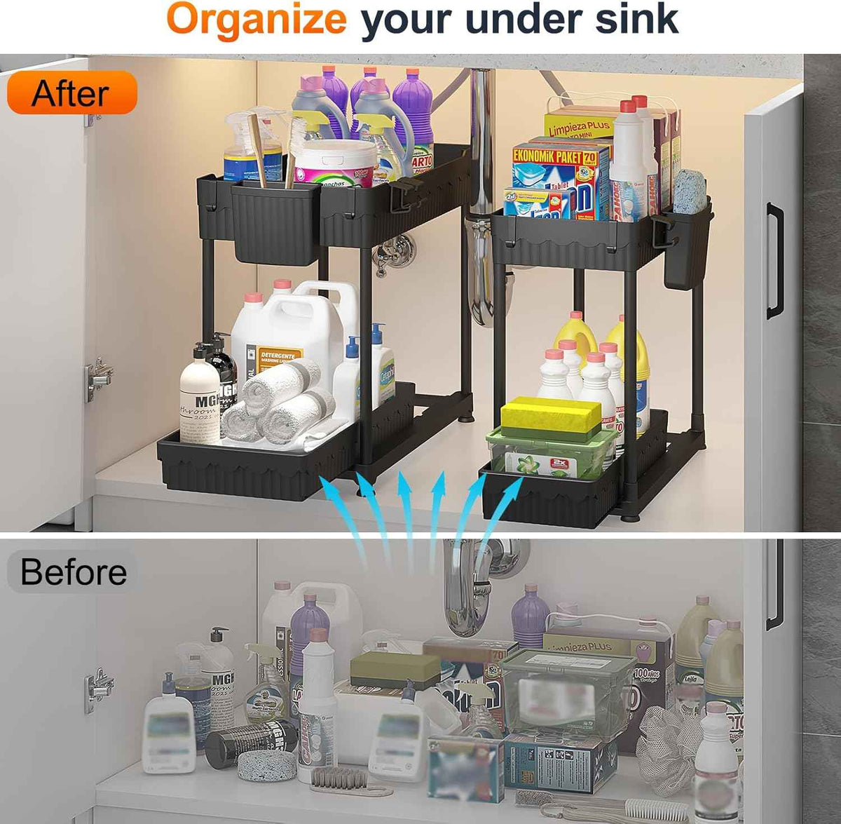 4 Pack Under Sink Organizer, Bathroom Organizers and Storage, 2 Tier Multi-Use Pull Out Cabinet Organizer with Hang Hooks and Cups (Black, 4 Pack)
