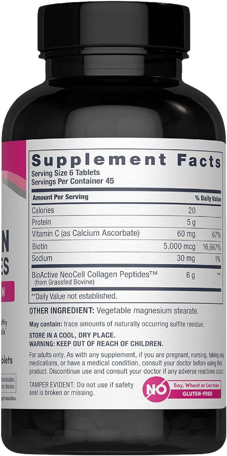 NeoCell Collagen Peptides Pills | 270 CaTLets | with Vitamin C and Biotin | Grass Fed Bovine | Hair, Skin, & Nails | for Women and Men