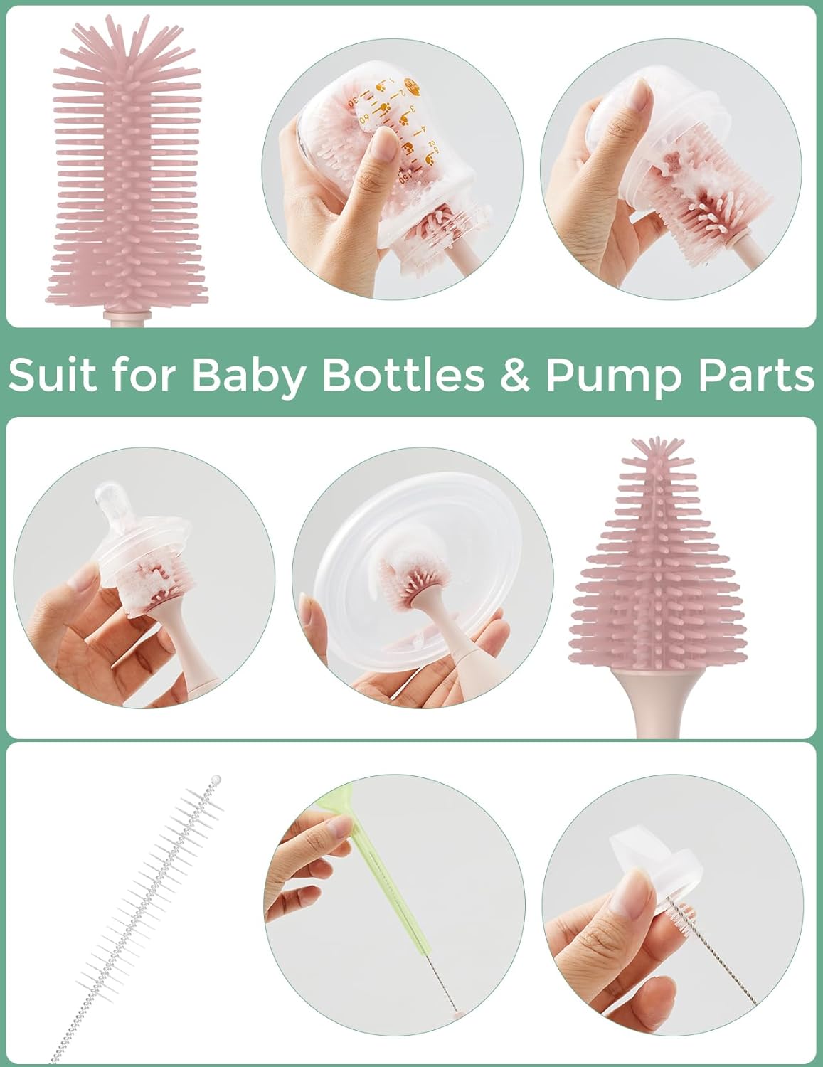 Silicone Baby Bottle Brush Set with Push-Press Foam Dispenser – Portable 3-Piece Cleaning Kit for Breast Pumps, NipTLes, and Straws in Pink