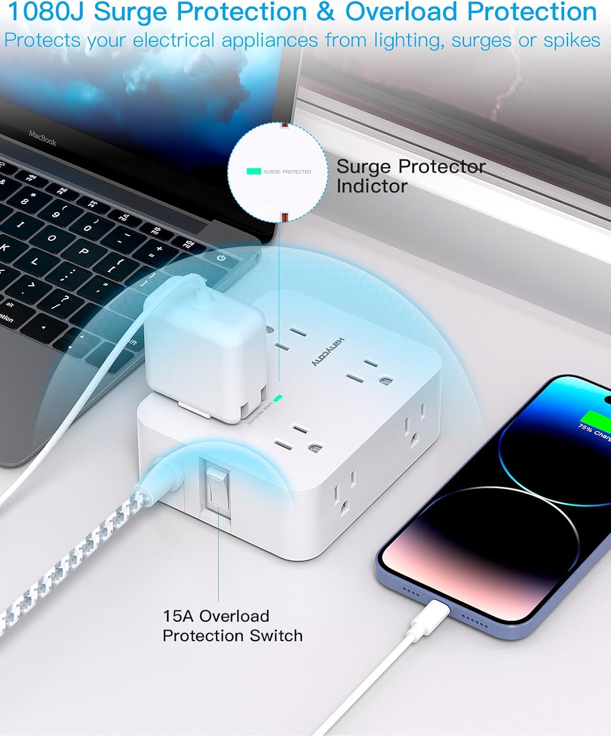 Surge Protector Power Strip - HANYCONY 8 Outlets 4 USB (2 USB C) Charging Ports, Multi TLug Outlet Extender, 5Ft Braided Extension Cord, Flat TLug Wall Mount Desk Charging Station for Home Office ETL