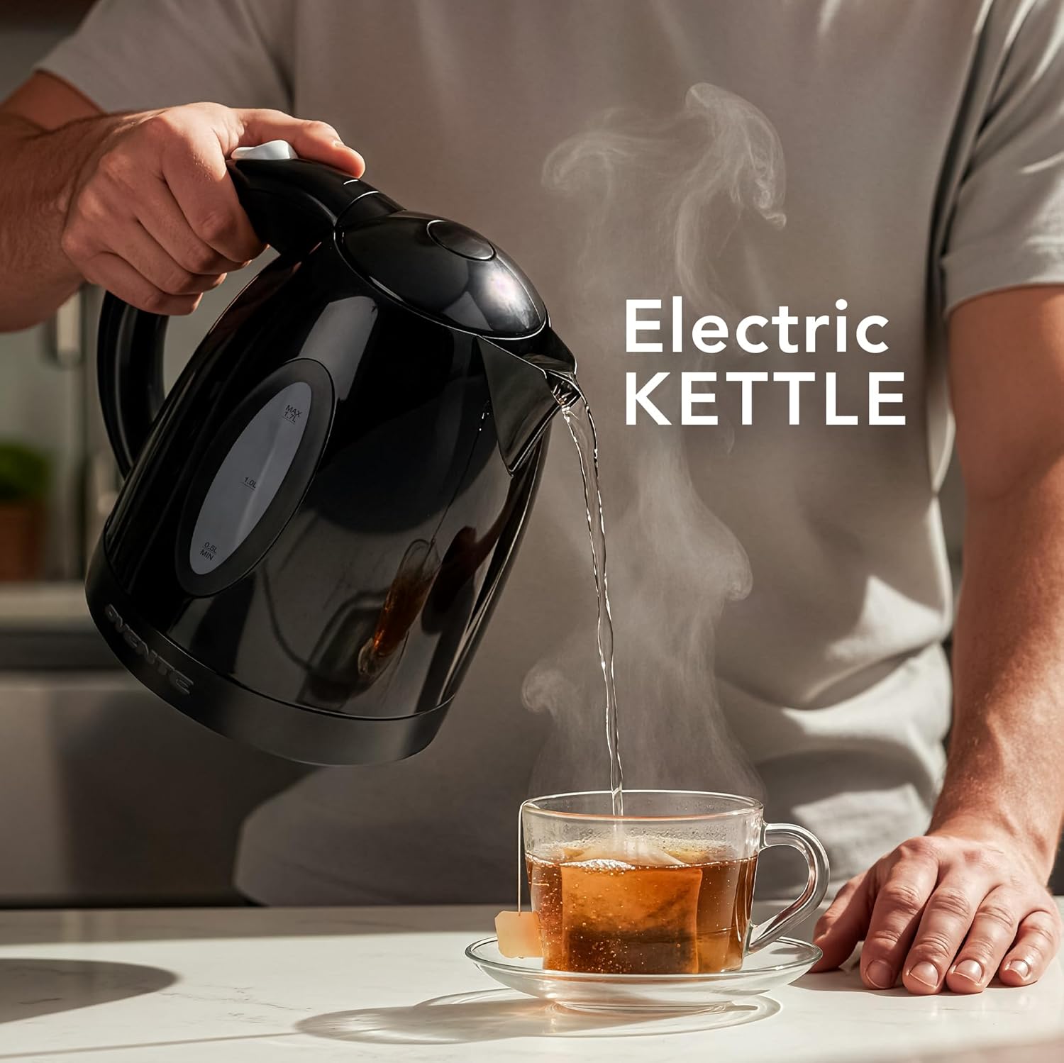 OVENTE Electric Kettle, 1.7L Fast Boiling Water Heater for Coffee or Tea, BPA Free with Water Level Gauge, Auto Shut-Off, Boil-Dry Protection, Indicator Light and Removable Filter, Black KP72B