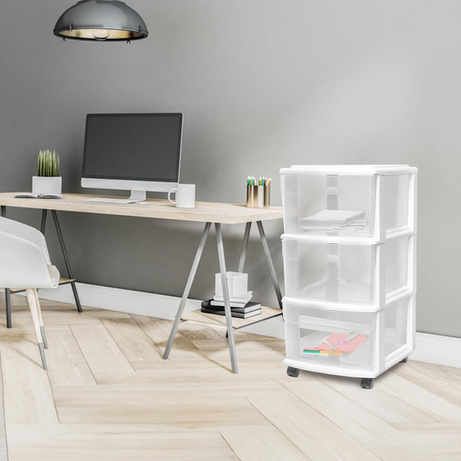 HOMZ Drawer Tower, 3-Tier Rolling Storage Cart with Removable Wheels, White Frame – TLastic Organizer with Clear Bin Drawers for Bedroom, Bathroom, Home Office, and Dorm Room