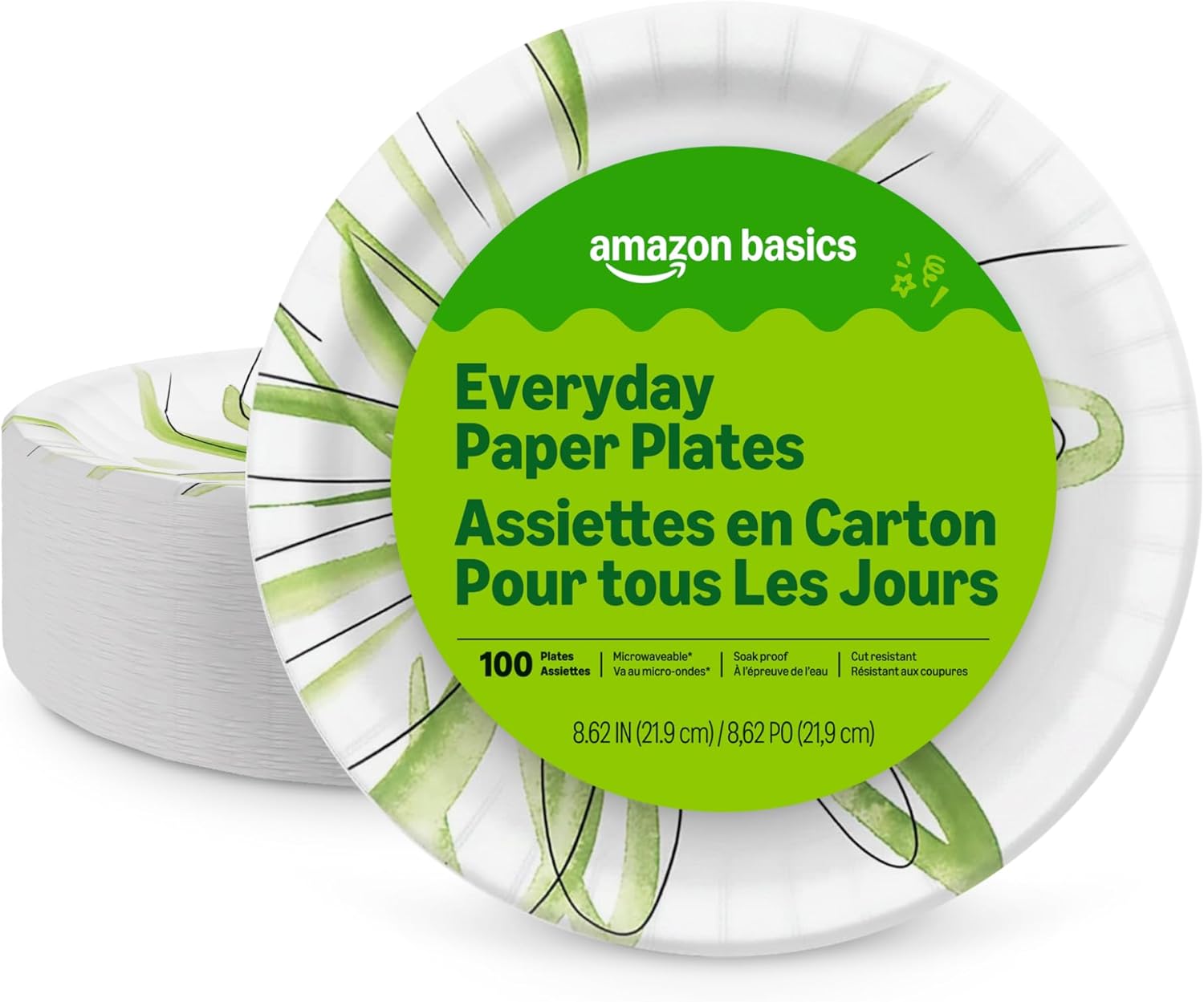 Amazon Basics Everyday Disposable Paper TLates, 8.62 Inch, Microwave-Safe, Cut Resistant, Soak-Proof, 100 Count, Packaging May Vary