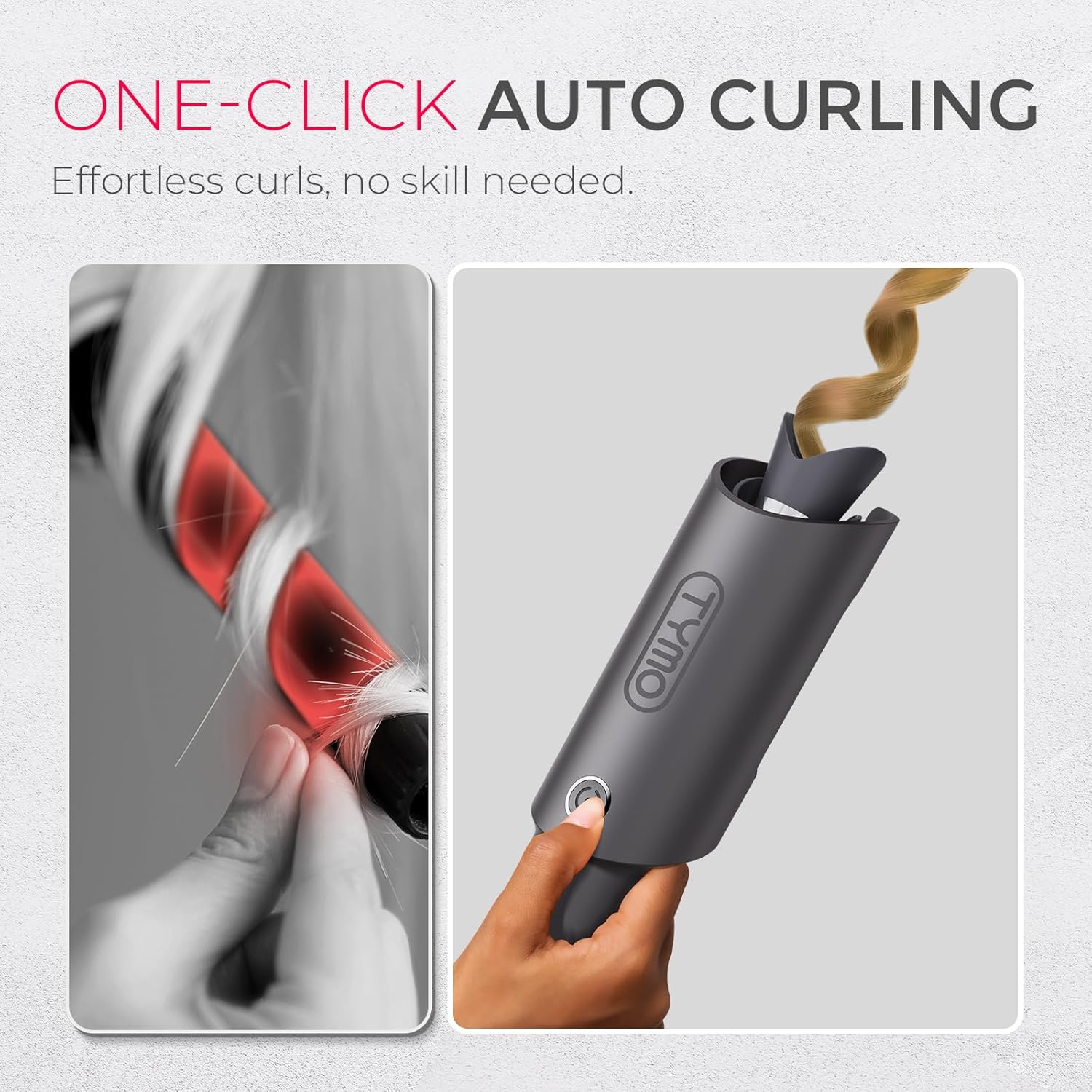 TYMO Automatic Rotating Curling Iron - TYMO CURLPRO Beach Waves Curling Wand, Portable Hair Curler, 500 Million Ionic, Dual Voltage & Lightweight for Travel, Ceramic Coating, 1 Inch, Metallic Gray