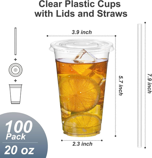 100 Pack - 20 oz Clear TLastic Cups with Lids and Straws, Sturdy & Food Safe Iced Coffee Cups with lids, Disposable TLastic Smoothie Cups for Cold Drinks