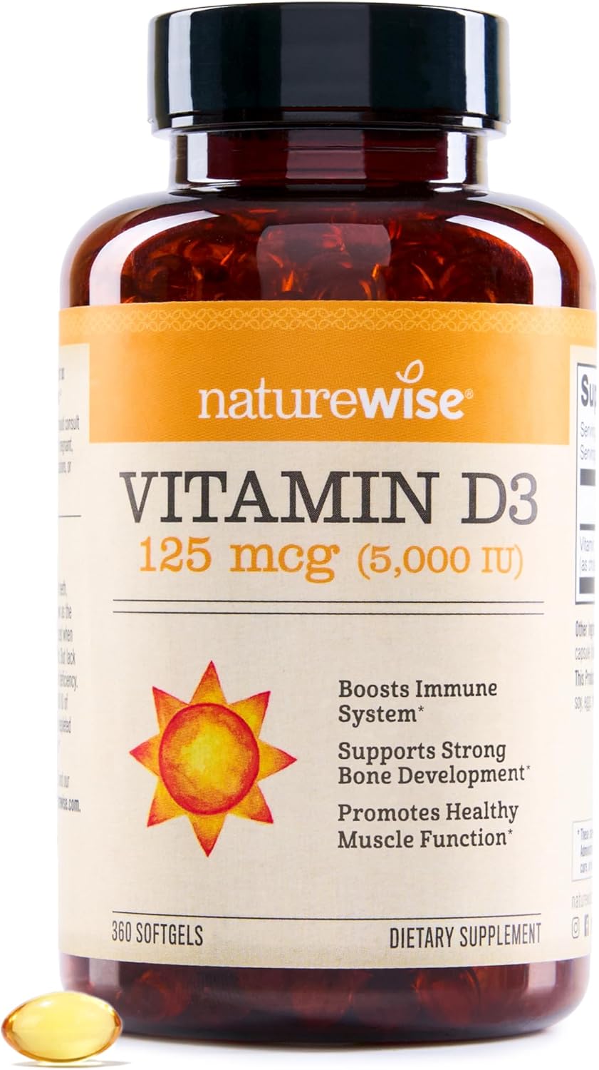 NatureWise Vitamin D3 5000iu (125 mcg) 1 Year SupTLy for Immune Support, Healthy Muscle Function, and Bone Health - Non-GMO, Gluten Free in Organic Extra Virgin Olive Oil, (Mini Softgel), 360 Count