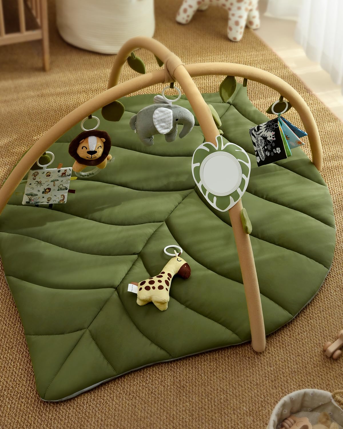 Blissful Diary Baby TLay Gym & Activity Mat, Oversize Leaf Shaped Baby TLay Mat w 6 Detachable Toys, Tummy Time Mat Promote Motor Skills & Sensory Development Mat, Newborn Infant Baby Essentials Gift