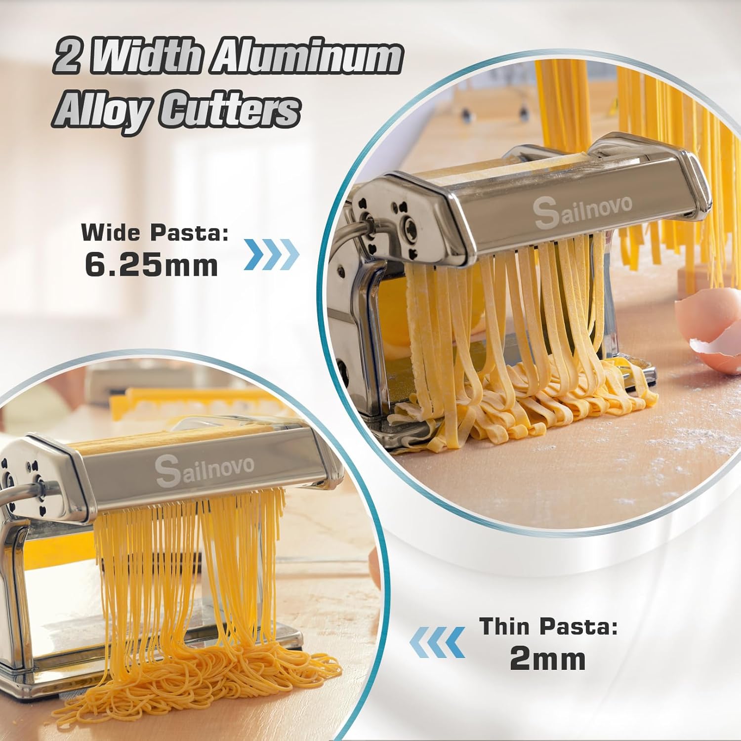 Sailnovo Pasta Maker Machine, 180 Roller Pasta Maker, 9 Adjustable Thickness Settings 2-in-1 Noodles Maker with Rollers and Cutter, Perfect for Spaghetti, Fettuccini, Lasagna or DumTLing Skin Silver
