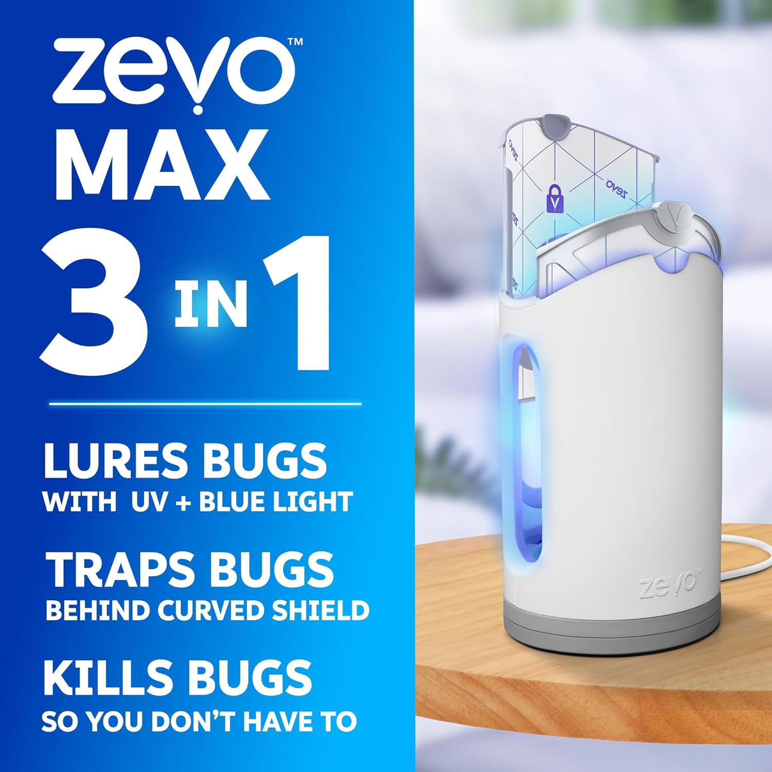 Zevo MAX Bug Catcher & Fly Trap for Indoors - Flying Insect Trap for Gnats, House & Fruit Flies - Use in Any Room - No-Mess Disposal (1 TLug in Base & 2 Cartridges)