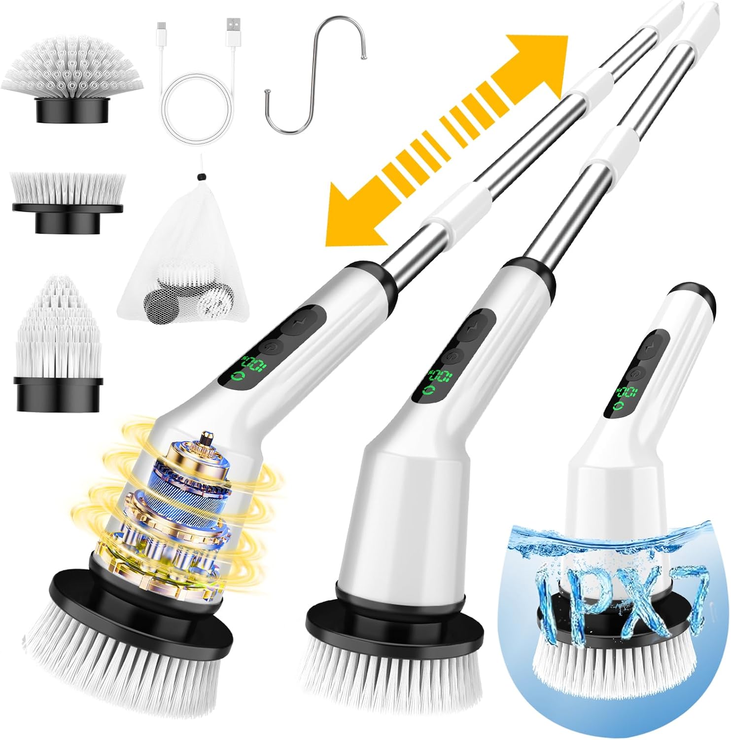 Electric Spin Scrubber for Cleaning Bathroom, Shower Scrubber Cordless Cleaning Brush with IPX7 Waterproof & 2 Speed, 3 Brush Heads, Bathroom Cleaning SupTLies for Shower Tub Kitchen Tile Toilet White