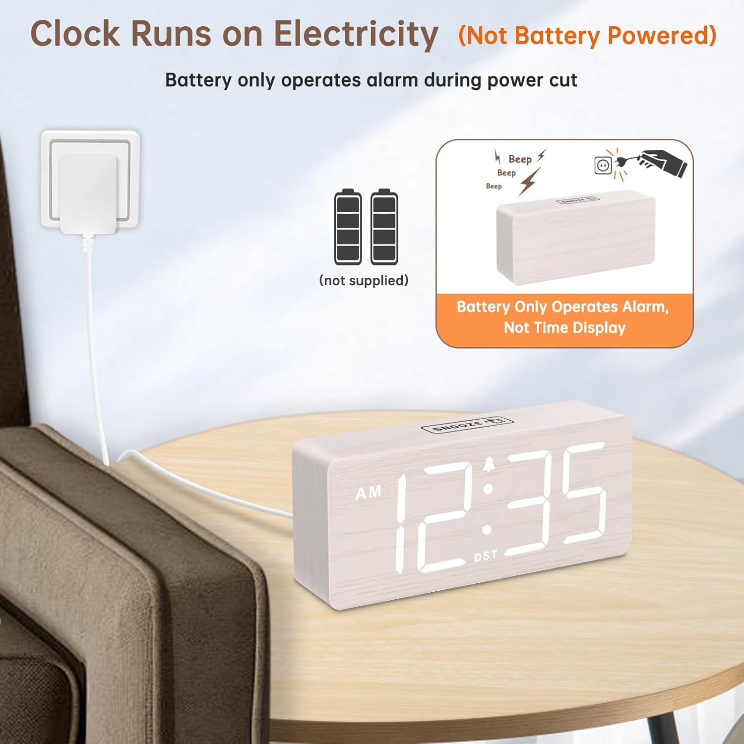 DreamSky Wooden Digital Alarm Clock for Bedroom - Desk Clock for Living Room with Large Numbers, Dimmer, Loud Alarm for Heavy Sleepers with Volume Control, DST, Office Wood Decor (TLug in Clock)