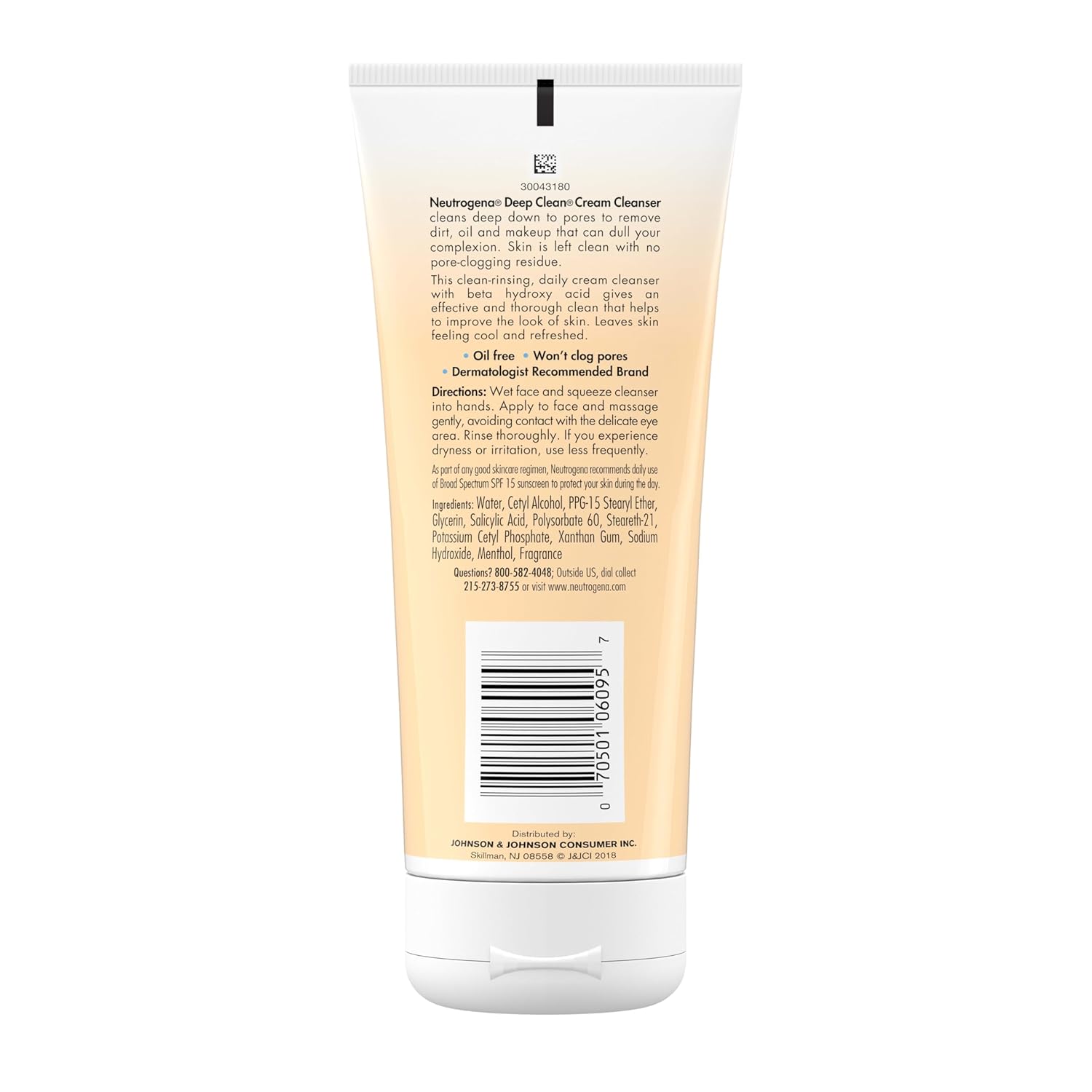 Neutrogena Deep Clean Daily Facial Cream Cleanser with Beta Hydroxy Acid to Remove Dirt, Oil & Makeup, Alcohol-Free, Oil-Free & Non-Comedogenic, 7 fl. oz