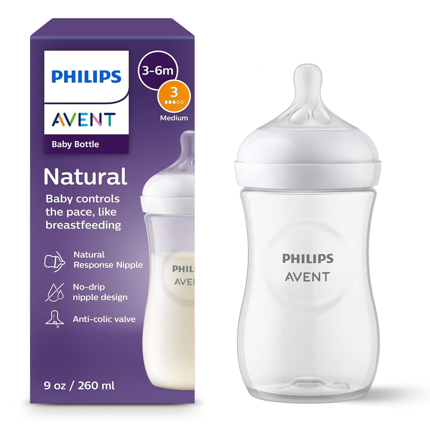 Philips Avent Natural Baby Bottles 4-Pack, Medium Flow, 9oz, SCY903/04, BPA-Free