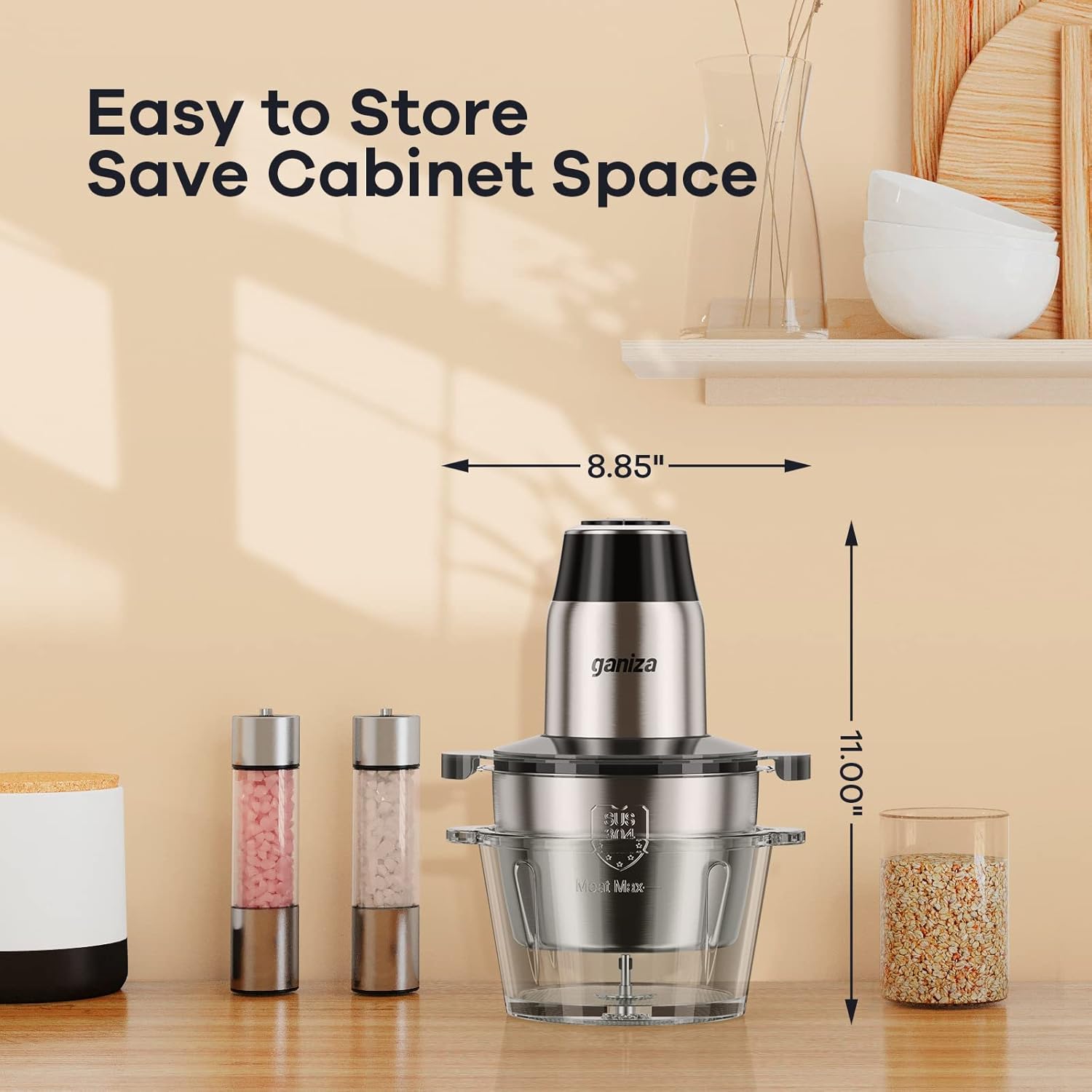 GANIZA Food Processors, Electric Food Chopper with Meat Grinder & Vegetable Chopper - 2 Bowls (8 Cup+8 Cup) with Powerful 450W Copper Motor - Includes 2 Sets of Bi-Level Blades for Fruits/Meat/Nuts