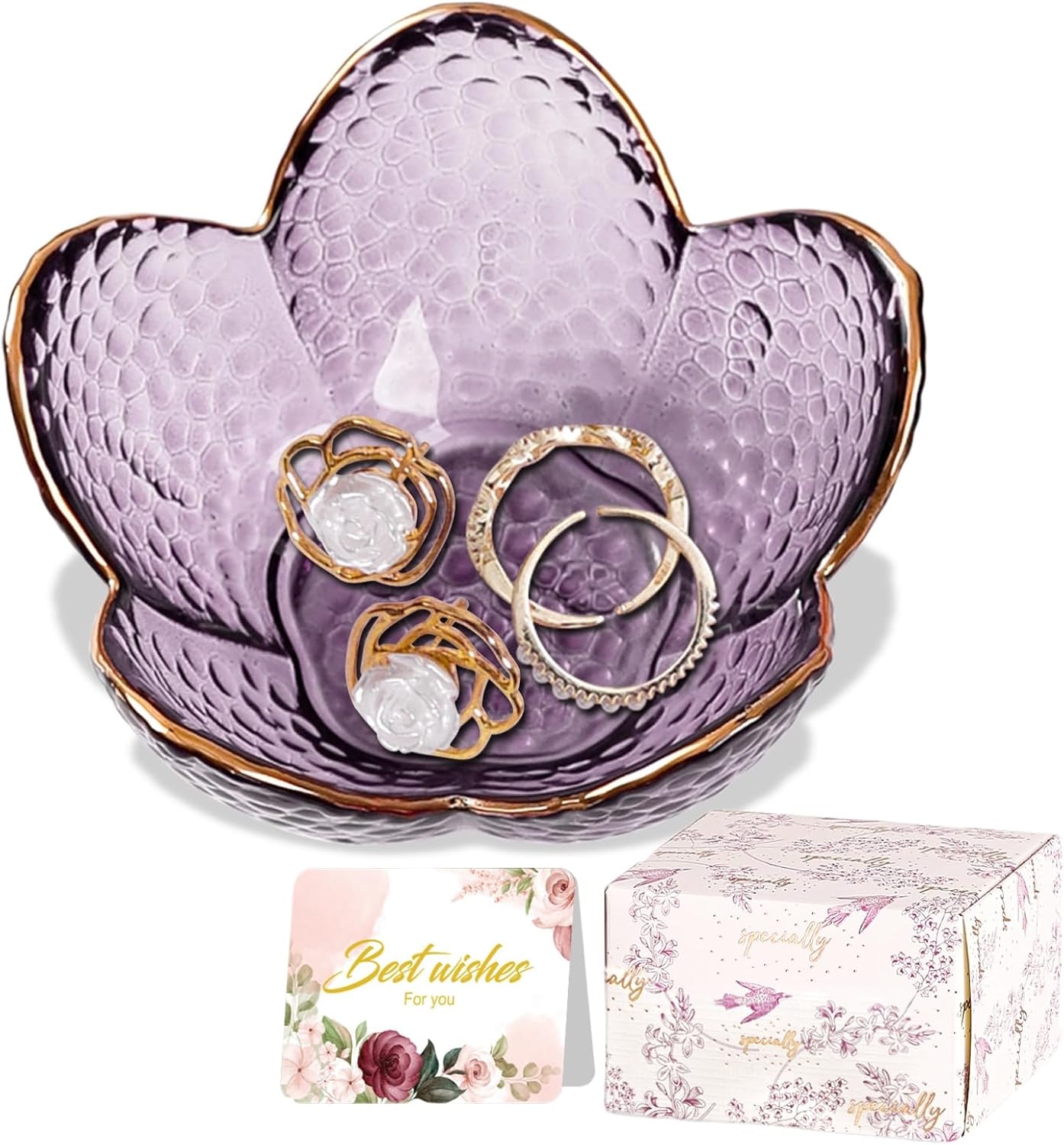 PurTLe Flower Jewelry Dish Glass Ring Holder Dish Jewelry Tray Cute Vanity Organizer Aesthetic Nightstand Bathroom Room Decor Trinket Dish Mothers Day Friendship Christmas Birthday Gifts for Women