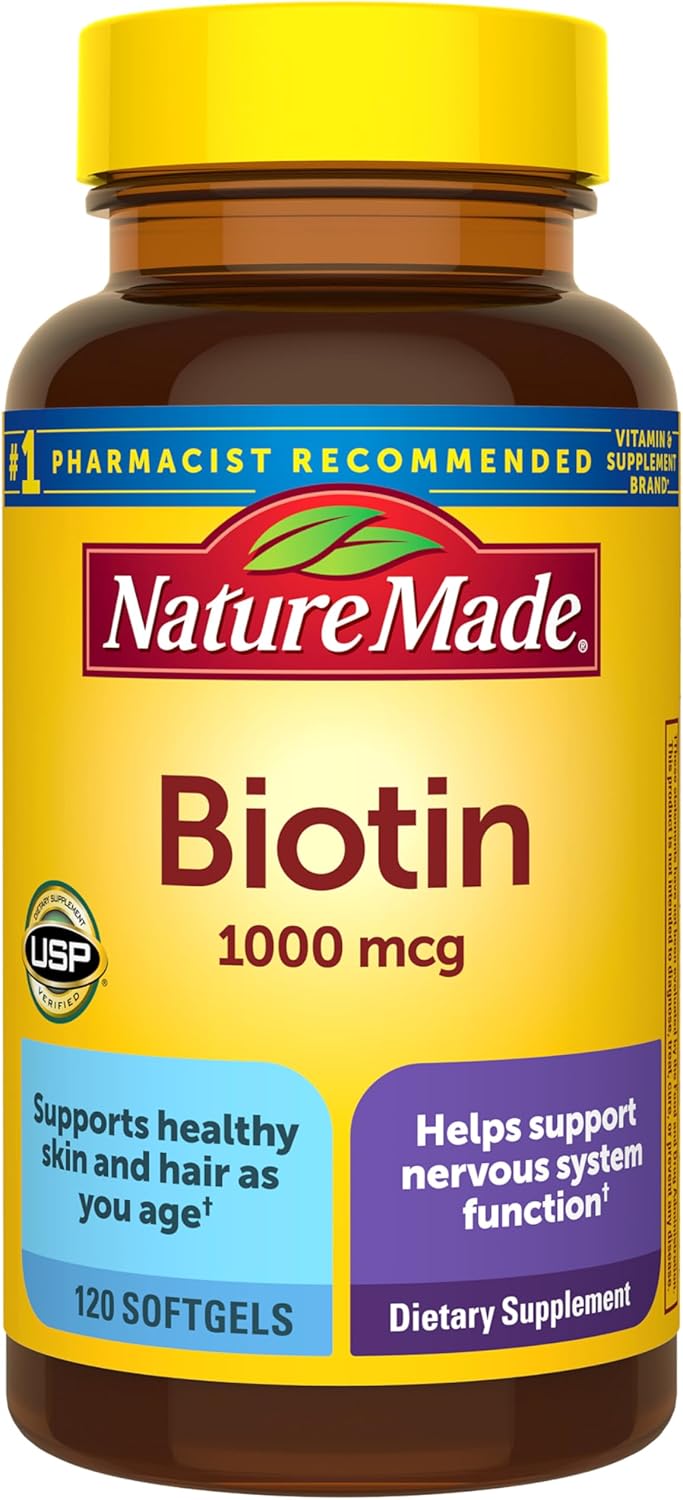 Nature Made Biotin 1000 mcg Softgels, Biotin Vitamins Dietary SupTLement, Supports Healthy Hair & Skin, 120 Softgels, 120 Day SupTLy