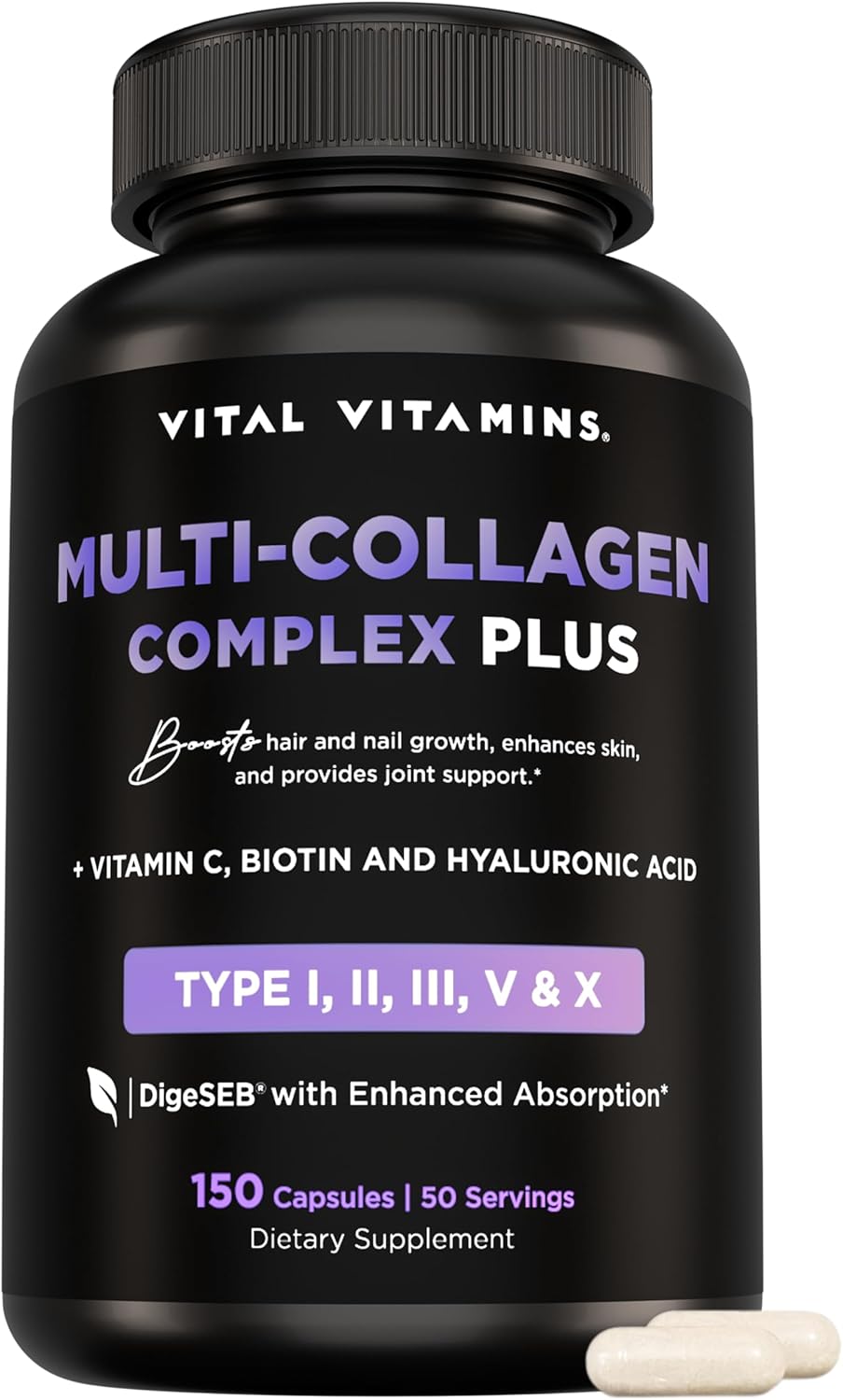Vital Vitamins Multi Collagen ComTLex TLus - with Biotin, Hyaluronic Acid, Vitamin C - Type I, II, III, V, X - for Women & Men - Hair, Skin, Nails Beauty ComTLex - 150 Capsules