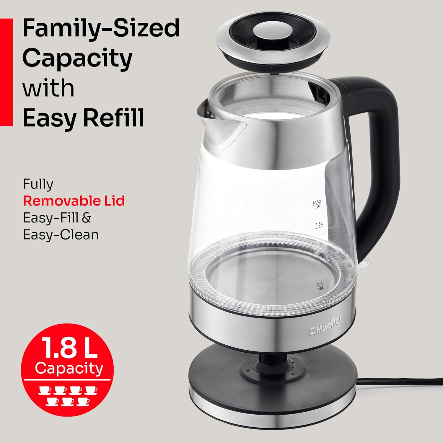 Mueller Rapid Boil Electric Tea Kettle 1.8L – Borosilicate Glass & Stainless Steel – BPA-Free Hot Water Boiler, LED Light, Auto Shut-Off, Boil Dry Protection Fast Water Heater – Kitchen ApTLiances