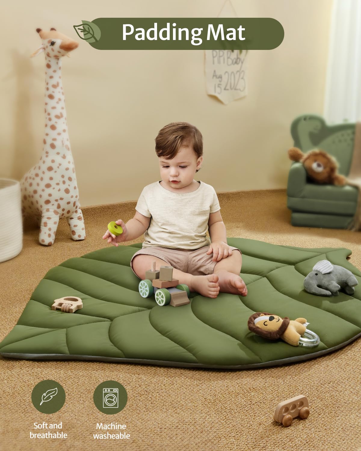 Blissful Diary Baby TLay Gym & Activity Mat, Oversize Leaf Shaped Baby TLay Mat w 6 Detachable Toys, Tummy Time Mat Promote Motor Skills & Sensory Development Mat, Newborn Infant Baby Essentials Gift