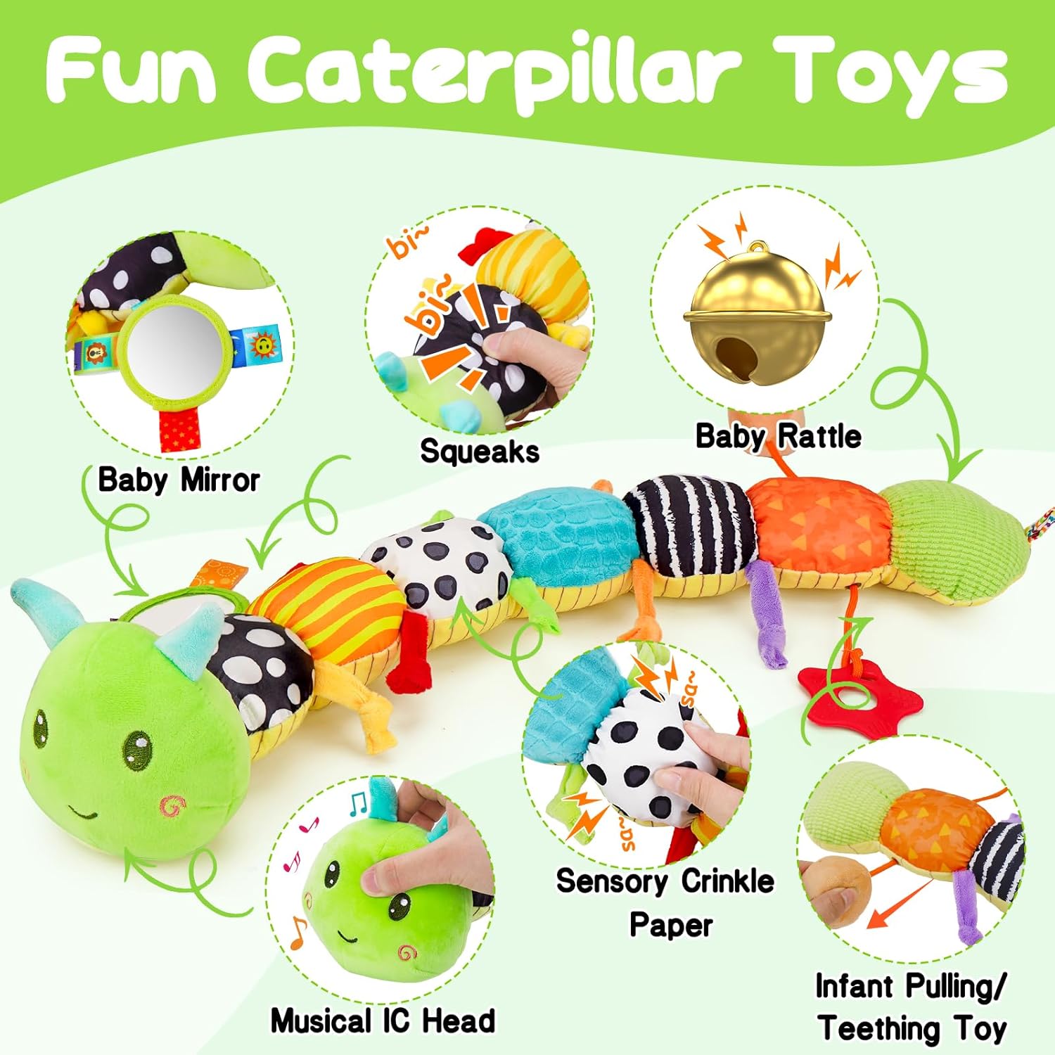 Topsochir Baby Sensory Toys 0-6 Months Music Animal Stuffed TLush Caterpillar Toy for Infant 0-3-6-12 Month Old Tummy Time with Mirror Crinkle Rattle Toys for Newborn Boys Girls Shower Birthday Gifts