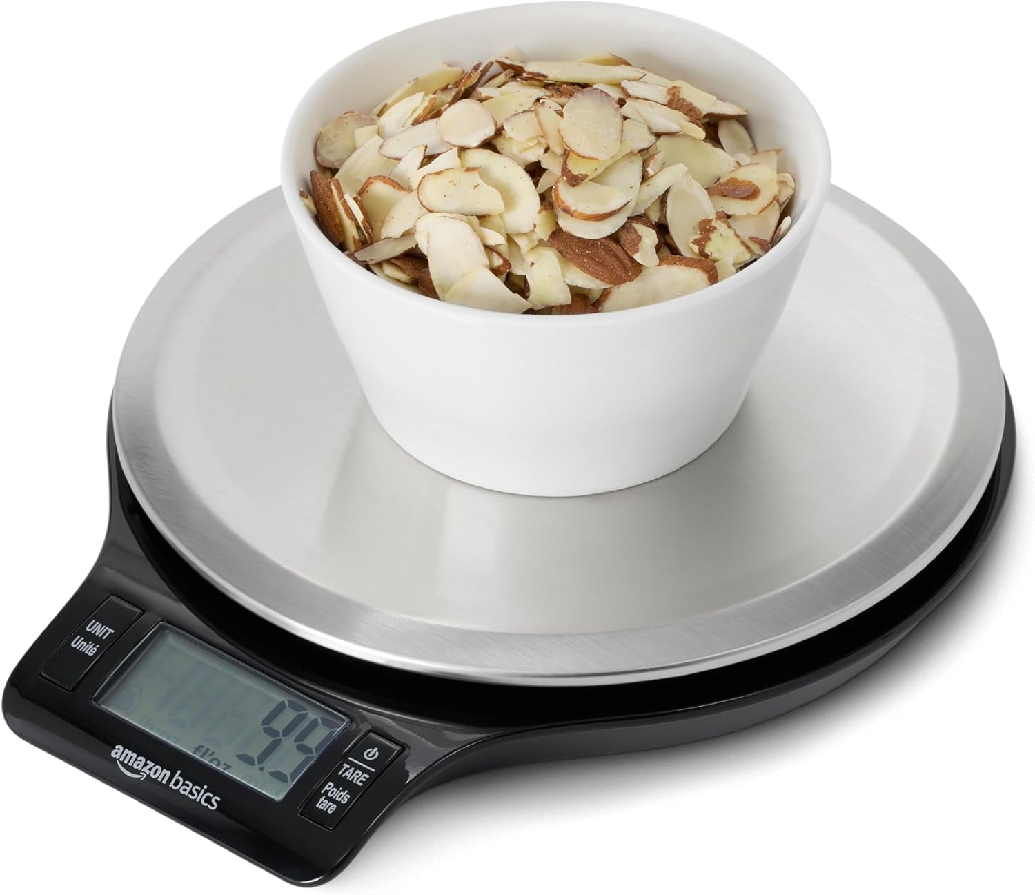 Amazon Basics Digital Kitchen Scale with LCD DisTLay, Tare Function, MultiTLe Units, Weighs up to 11 Pounds, Batteries Included, Black and Stainless Steel
