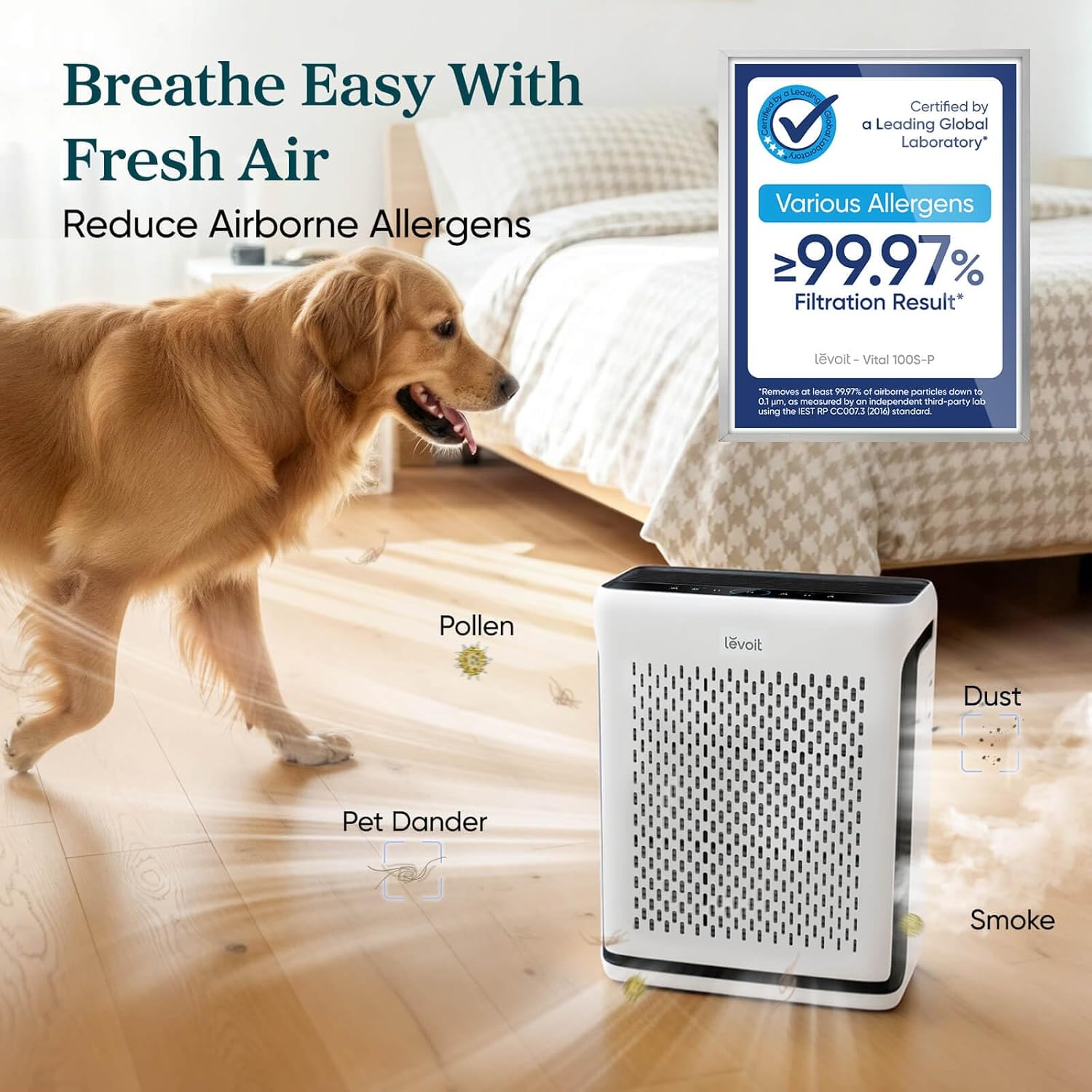LEVOIT Air Purifier for Home Large Room Up to 1073Ft² with Air Quality Monitor, AHAM VERIFIDE, Smart WiFi, Washable Pre-Filter, HEPA Sleep Mode for Pets, Allergies, Dust, Pollen, Vital 100S-P, White
