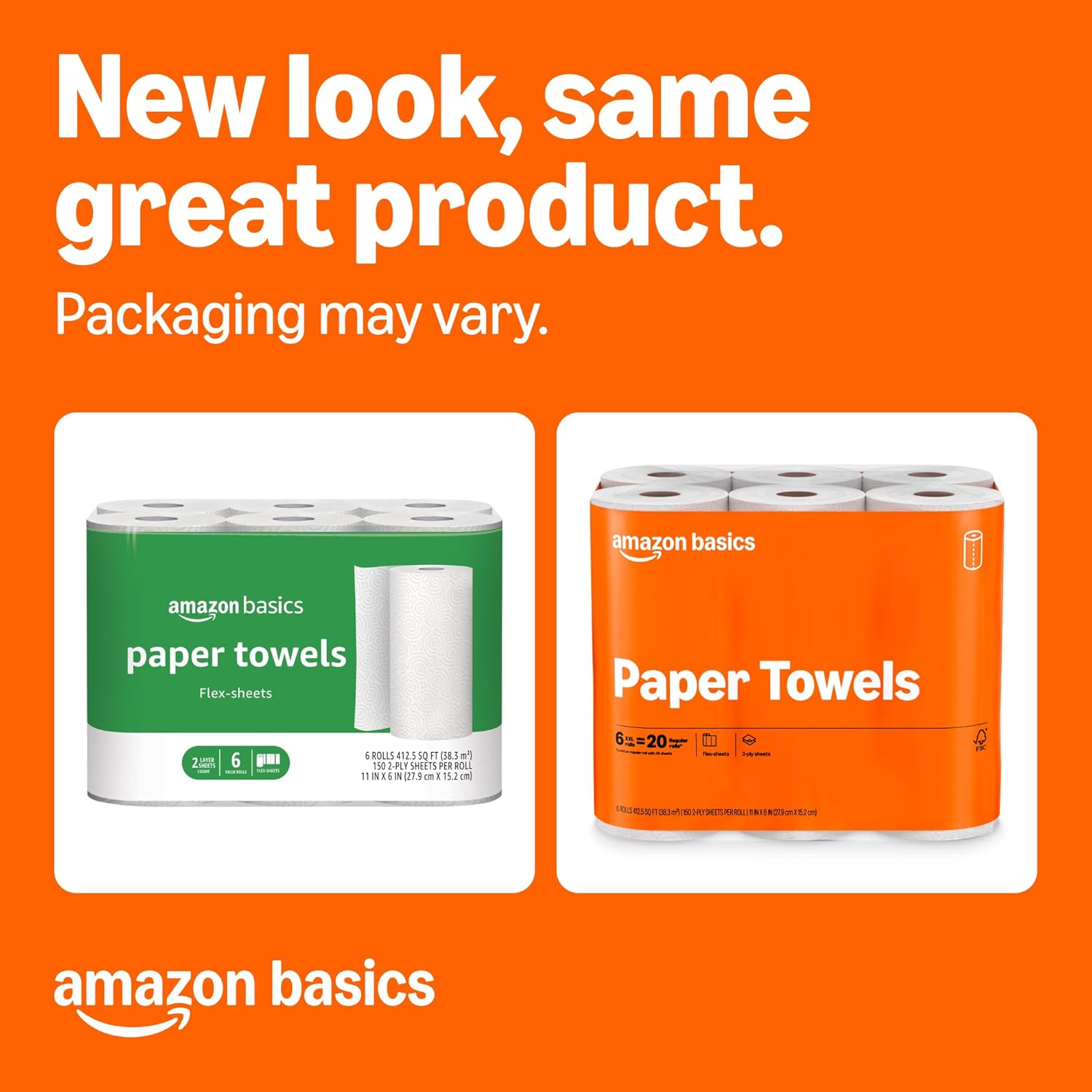 Amazon Basics 2-TLy Flex-Sheets Paper Towels, 12 Basics Rolls = 40 Regular Rolls, Everyday Value with 150 Sheets per Roll, Packaging May Vary