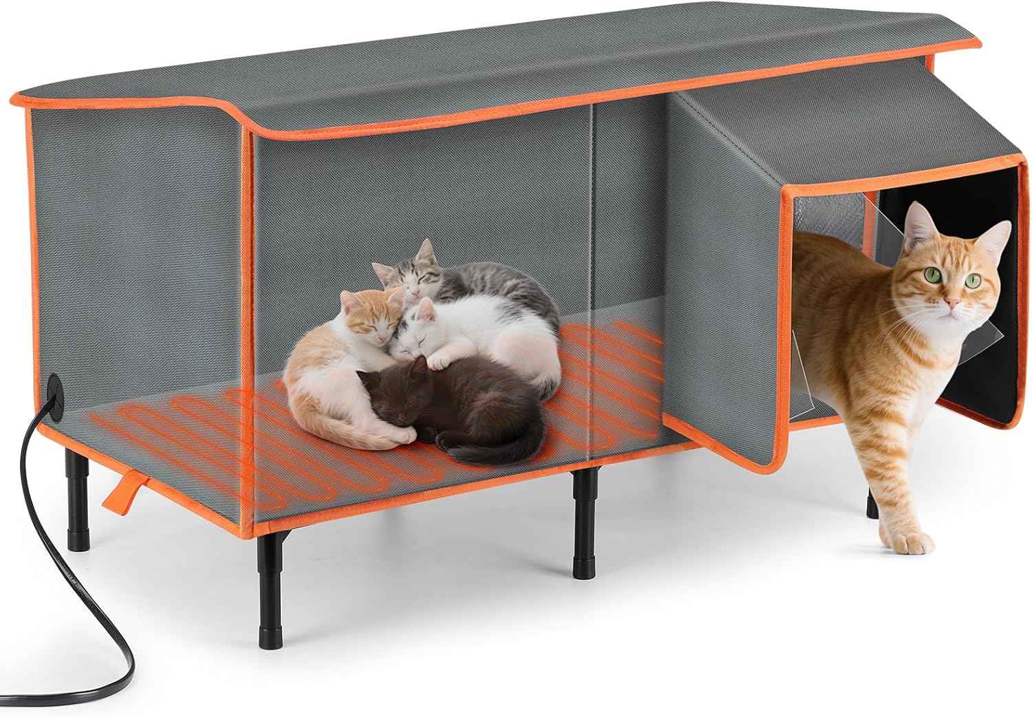 SIWA MARY Heated Cat House for Outside in Winter, Weatherproof Outdoor Cat House with Cat Heating Pad, Waterproof &Safe Escape Door, Insulated Cat Shelter with Heater for Feral Barn Cats Kitty