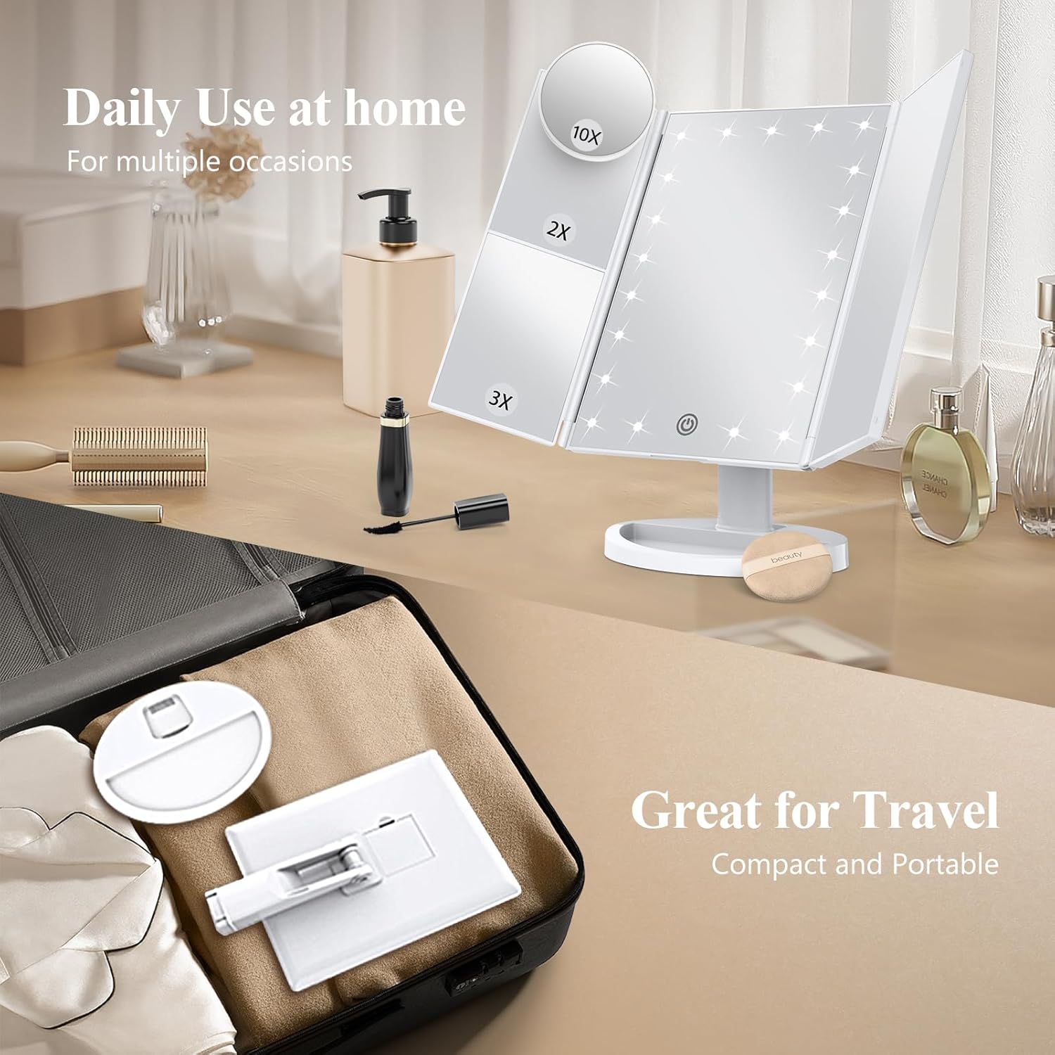 HUONUL Makeup Mirror, Vanity Mirror with Lights, 2X/3X/10X Magnification, Touch Control, Trifold, Dual Power SupTLy, Gifts for Women, Wife, Mom, Girls,Dorm Room Essentials