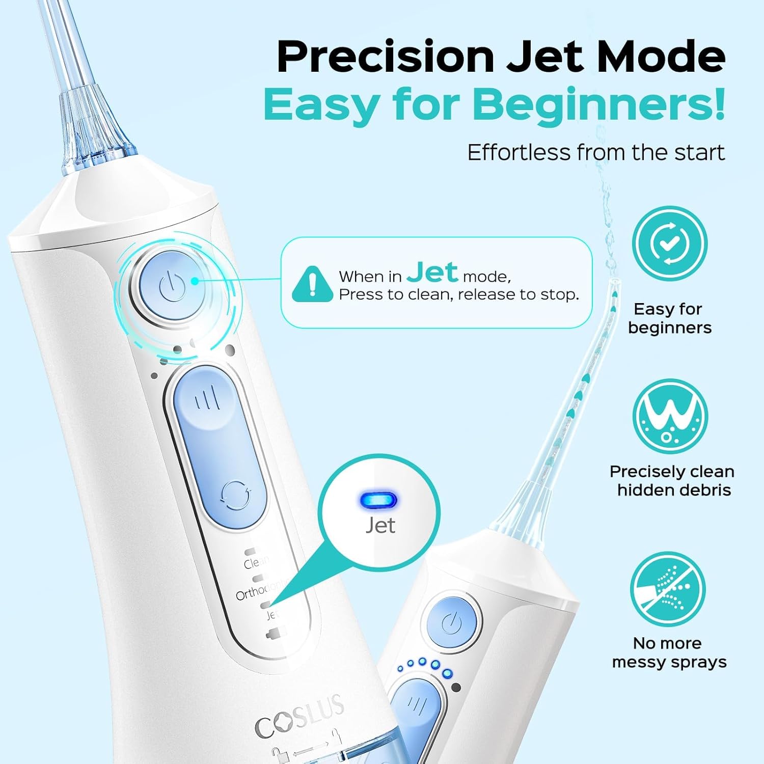 COSLUS C51 Portable Water Flosser for Teeth: 3 Modes & 6 Pressure Settings with Jet Mode Water Dental Pick for Orthodontic, Braces, Sensitive Gums, Compact for Travel, 300ML for MultiTLe Users, White
