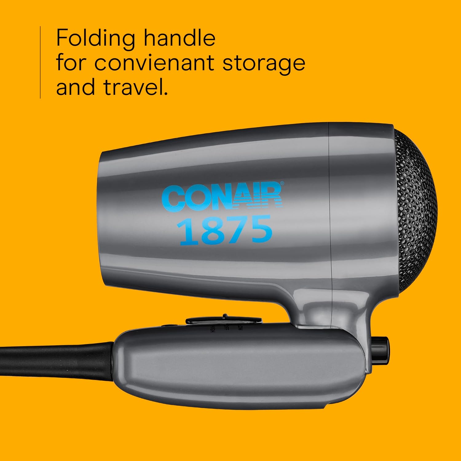 Conair Travel Hair Dryer with Dual Voltage, 1875W Compact Blow Dryer with Folding Handle, Gray